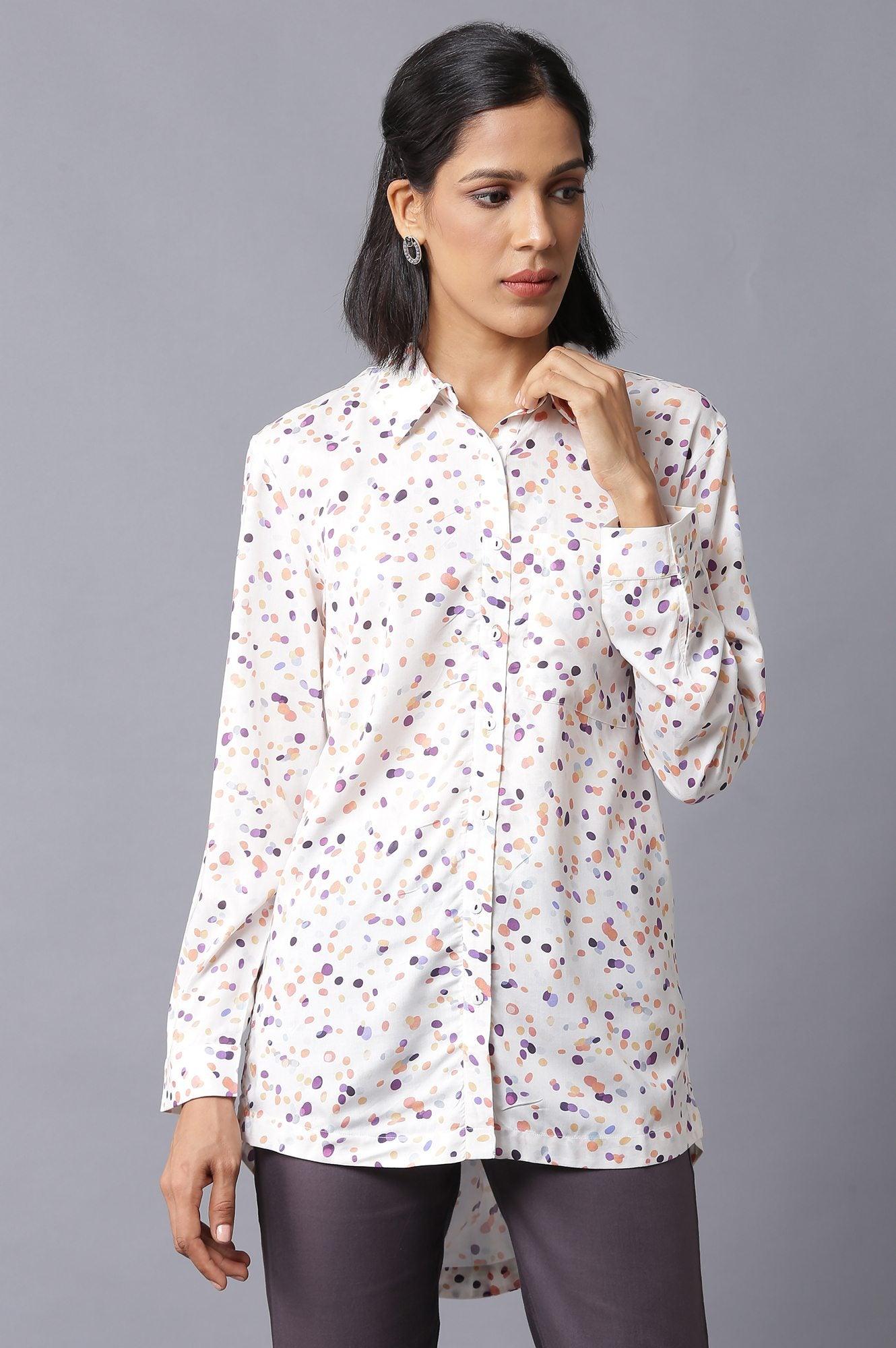 Ecru Polka Dots High-Low Shirt - wforwoman