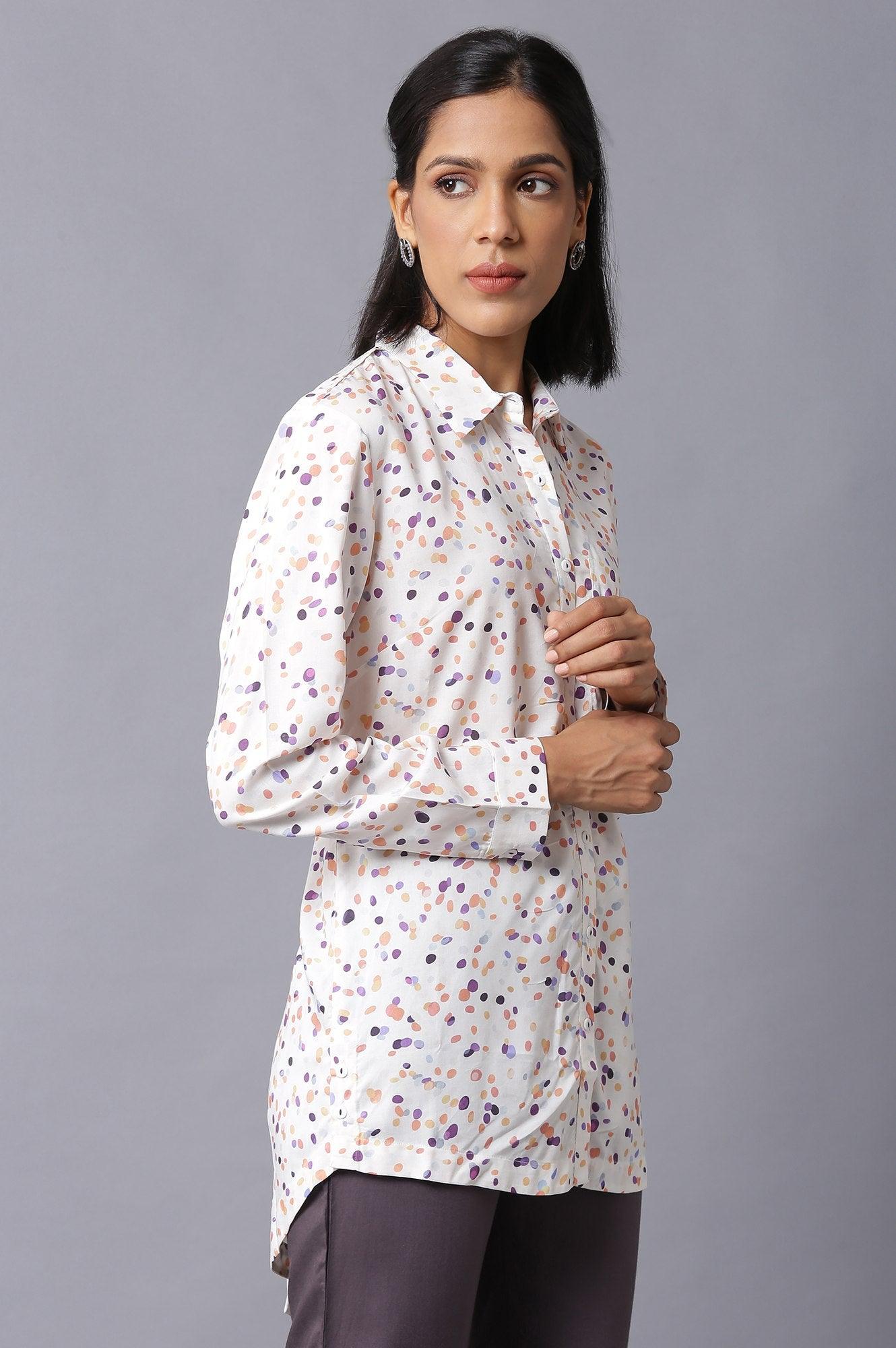 Ecru Polka Dots High-Low Shirt - wforwoman