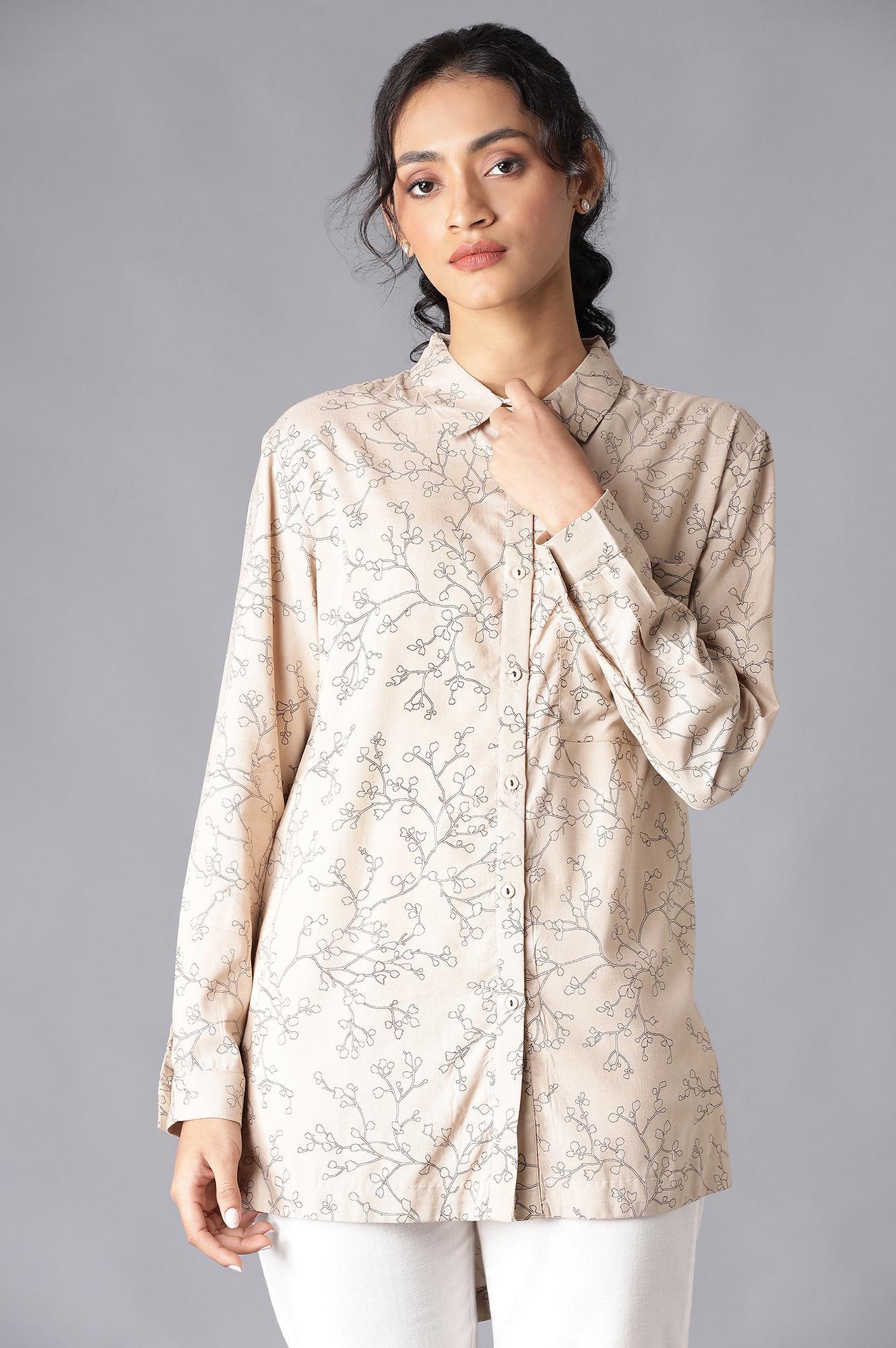 Light Brown Floral Print High-Low Shirt - wforwoman
