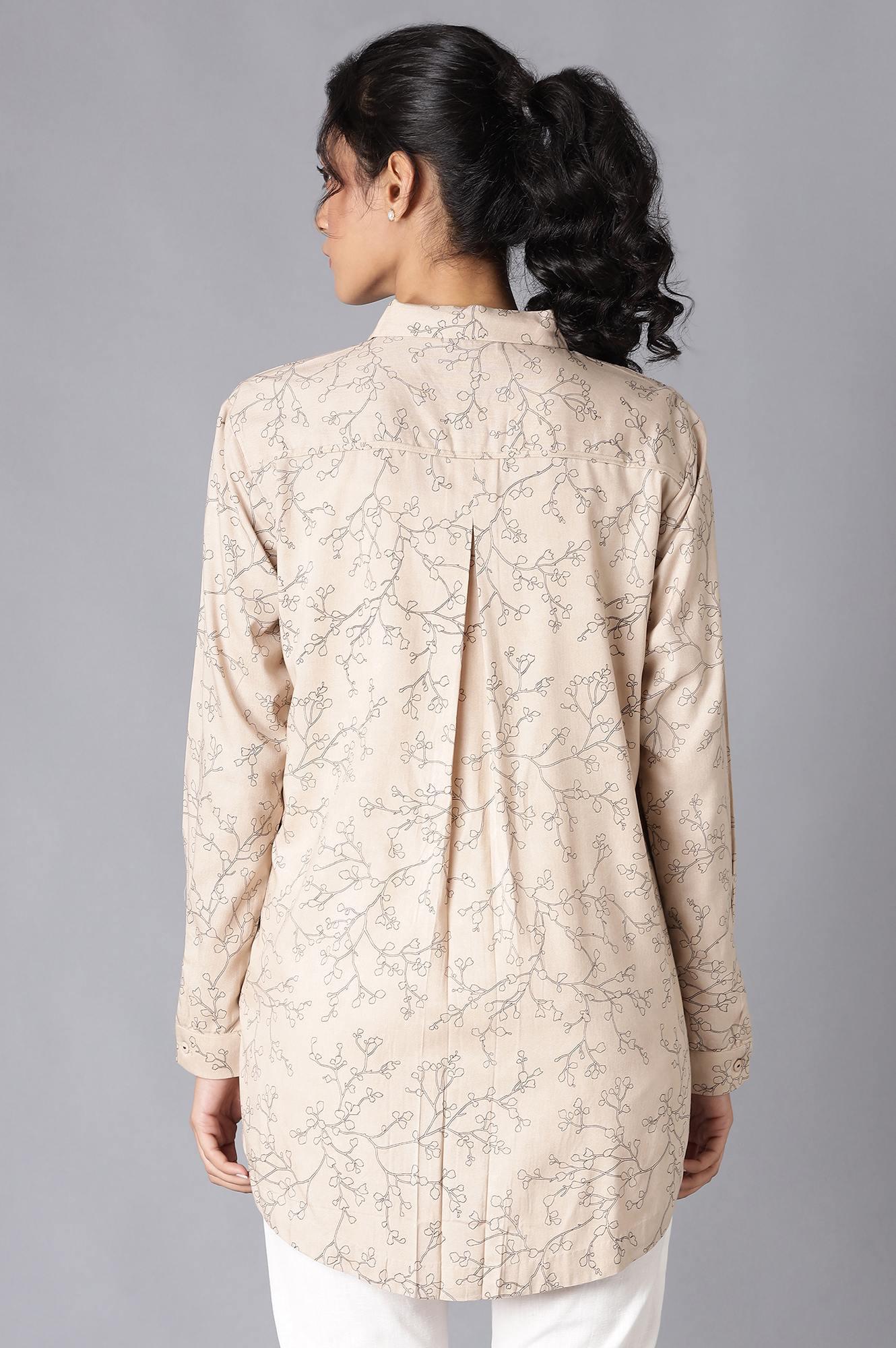 Light Brown Floral Print High-Low Shirt - wforwoman