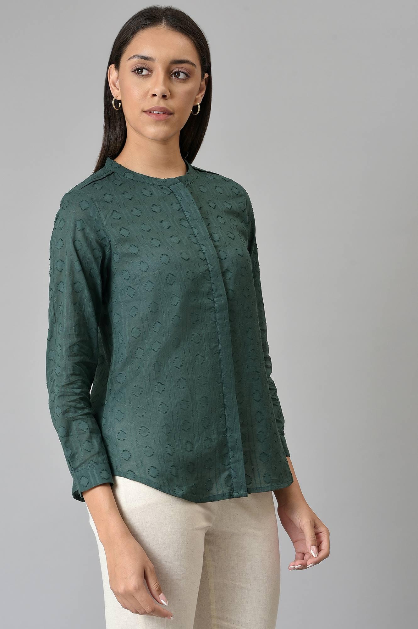 Dark Green Cotton Dobby Textured Shirt In Mandarin Collar - wforwoman