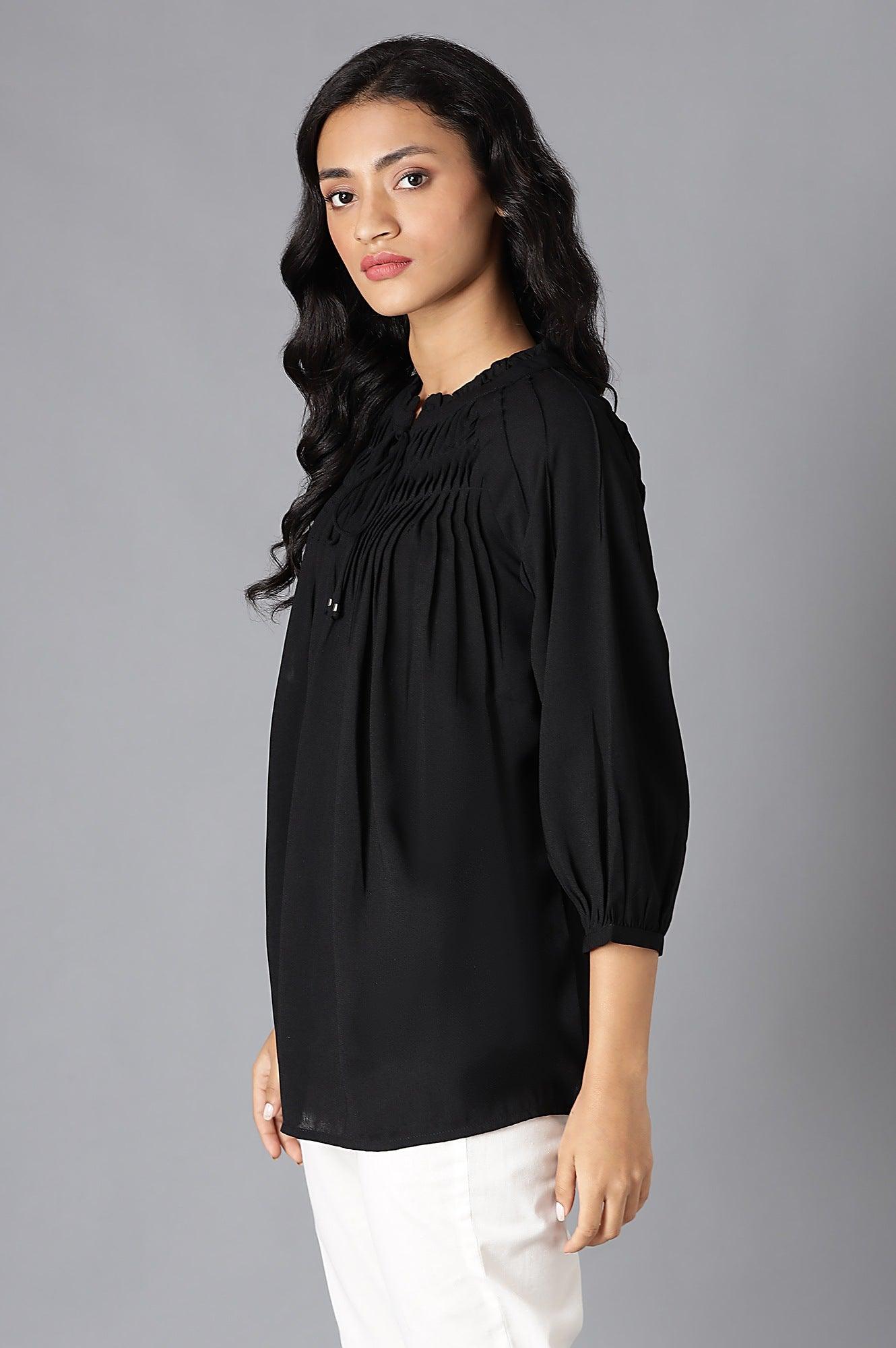 Black A-Line Pleated Top With Tie-Up Neck - wforwoman