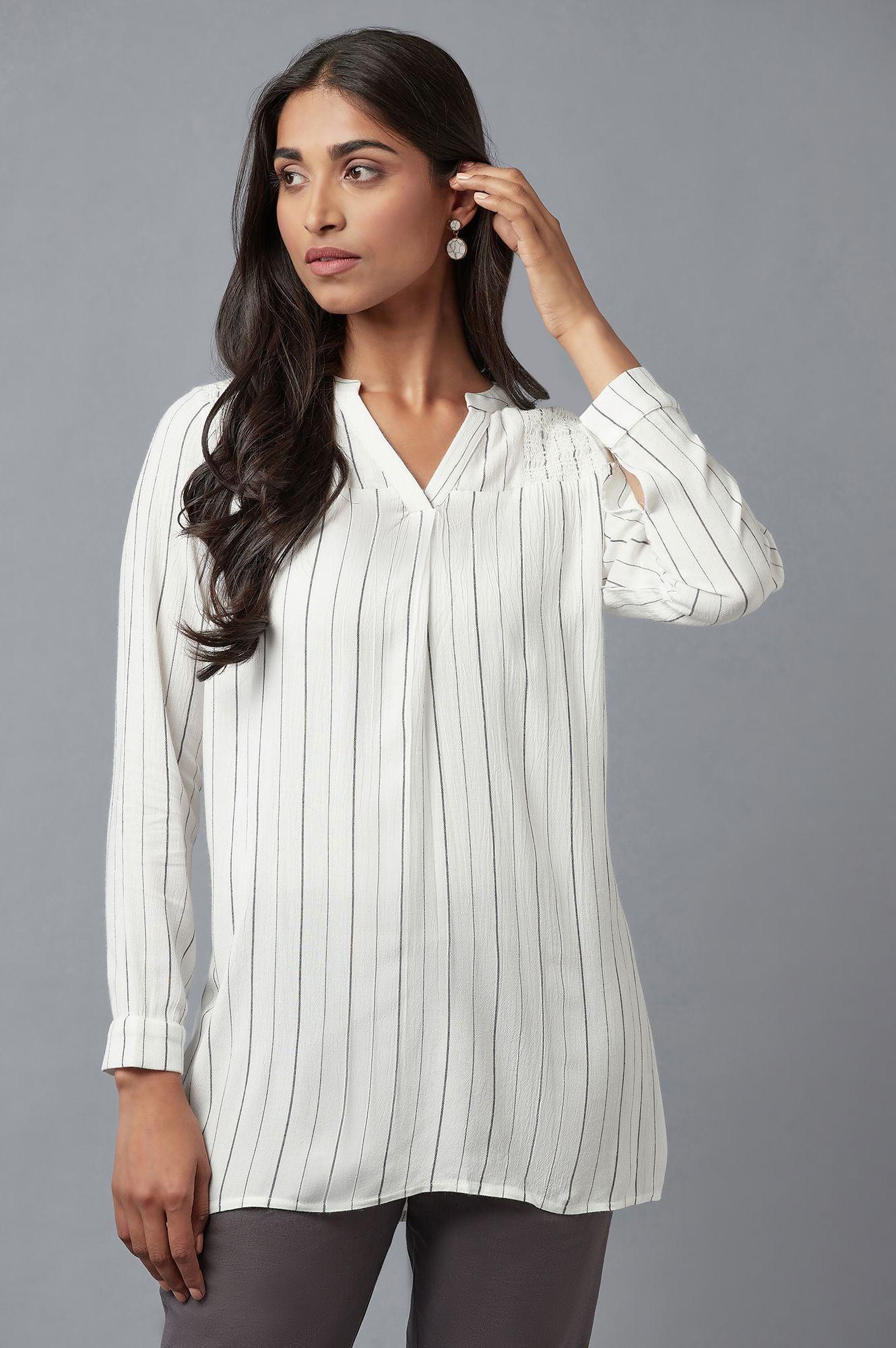 Ecru Stripe Print Western Top In Collared-V Neck - wforwoman