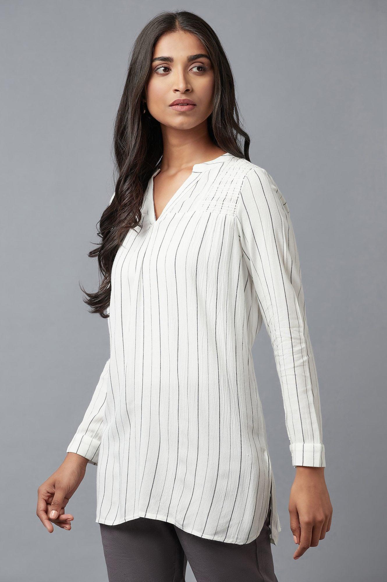 Ecru Stripe Print Western Top In Collared-V Neck - wforwoman