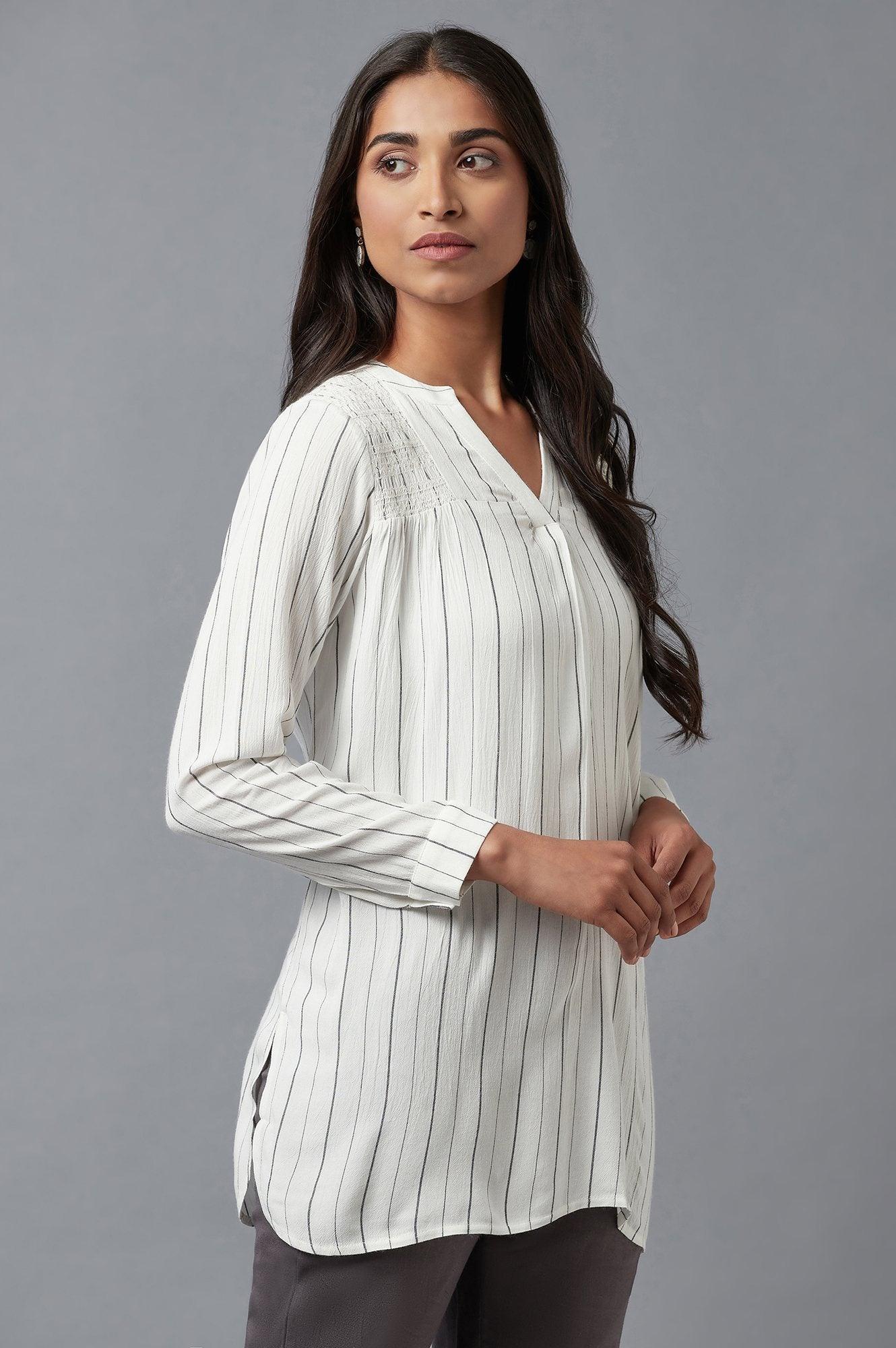 Ecru Stripe Print Western Top In Collared-V Neck - wforwoman