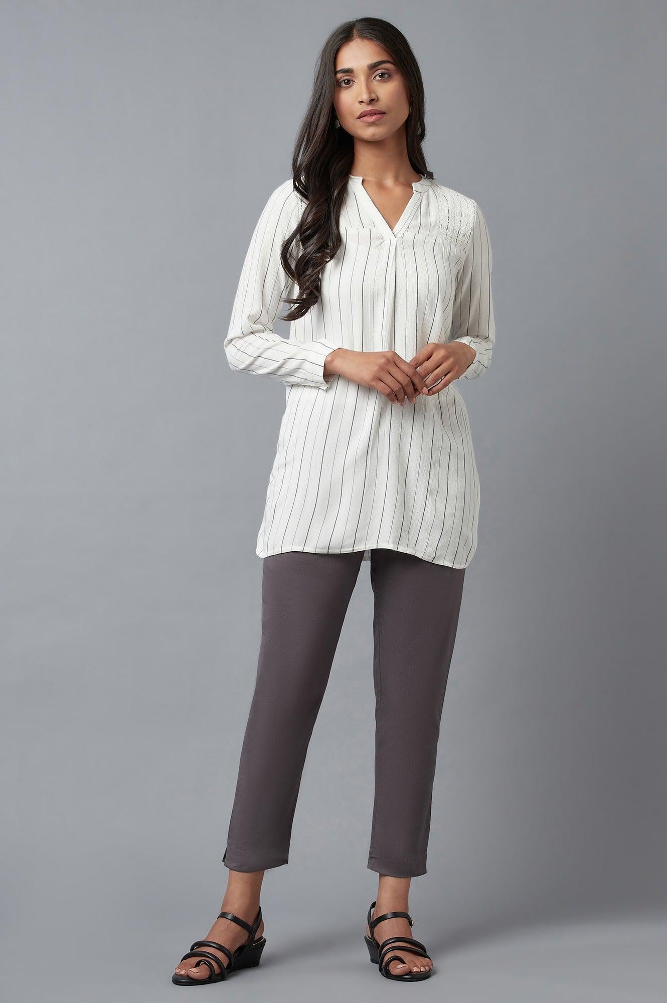 Ecru Stripe Print Western Top In Collared-V Neck - wforwoman