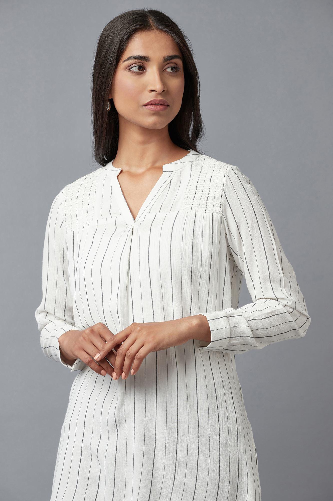 Ecru Stripe Print Western Top In Collared-V Neck - wforwoman