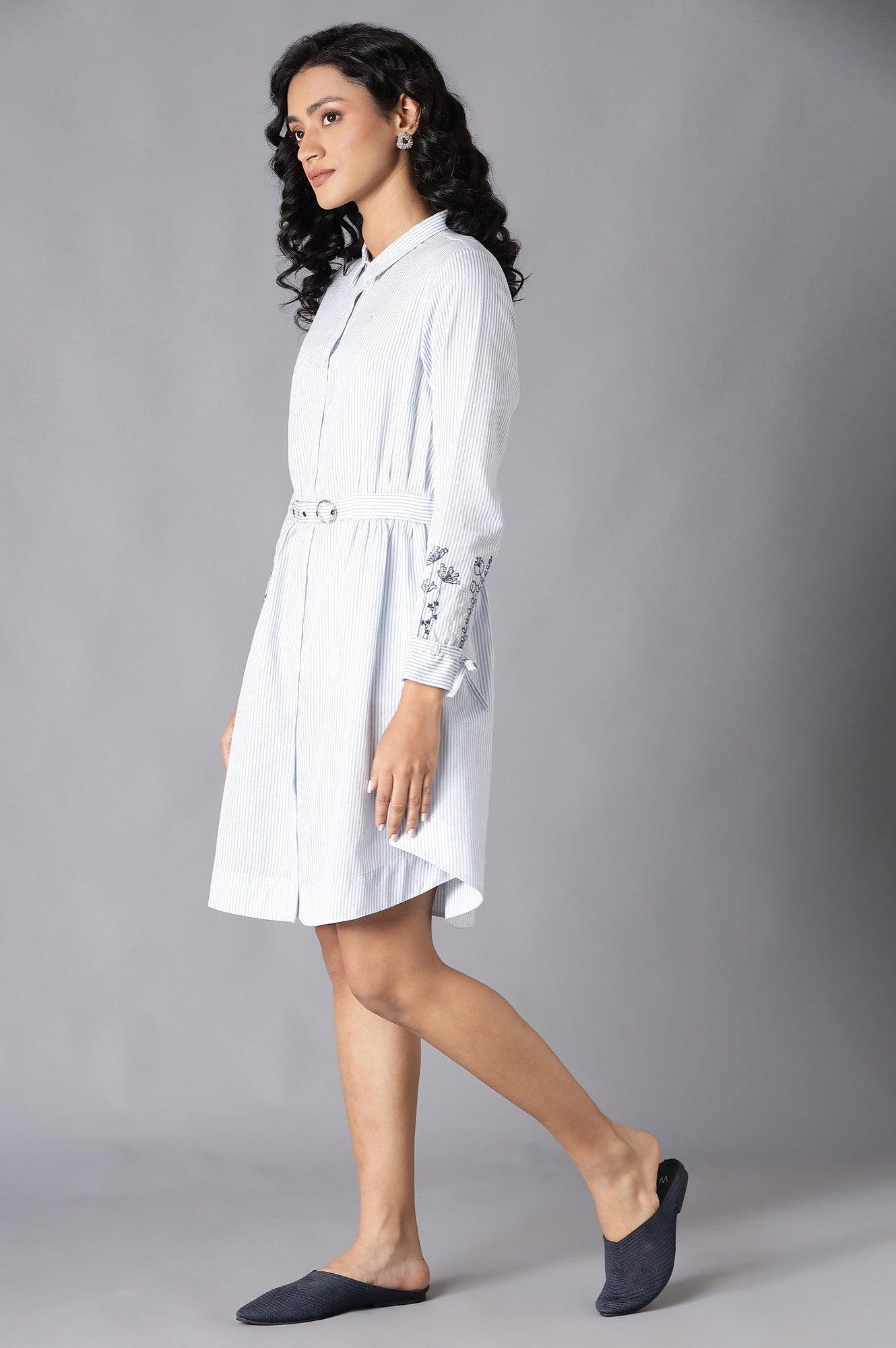 Ecru Stripe Printed Tunic With Belt And Embroidered Sleeves - wforwoman