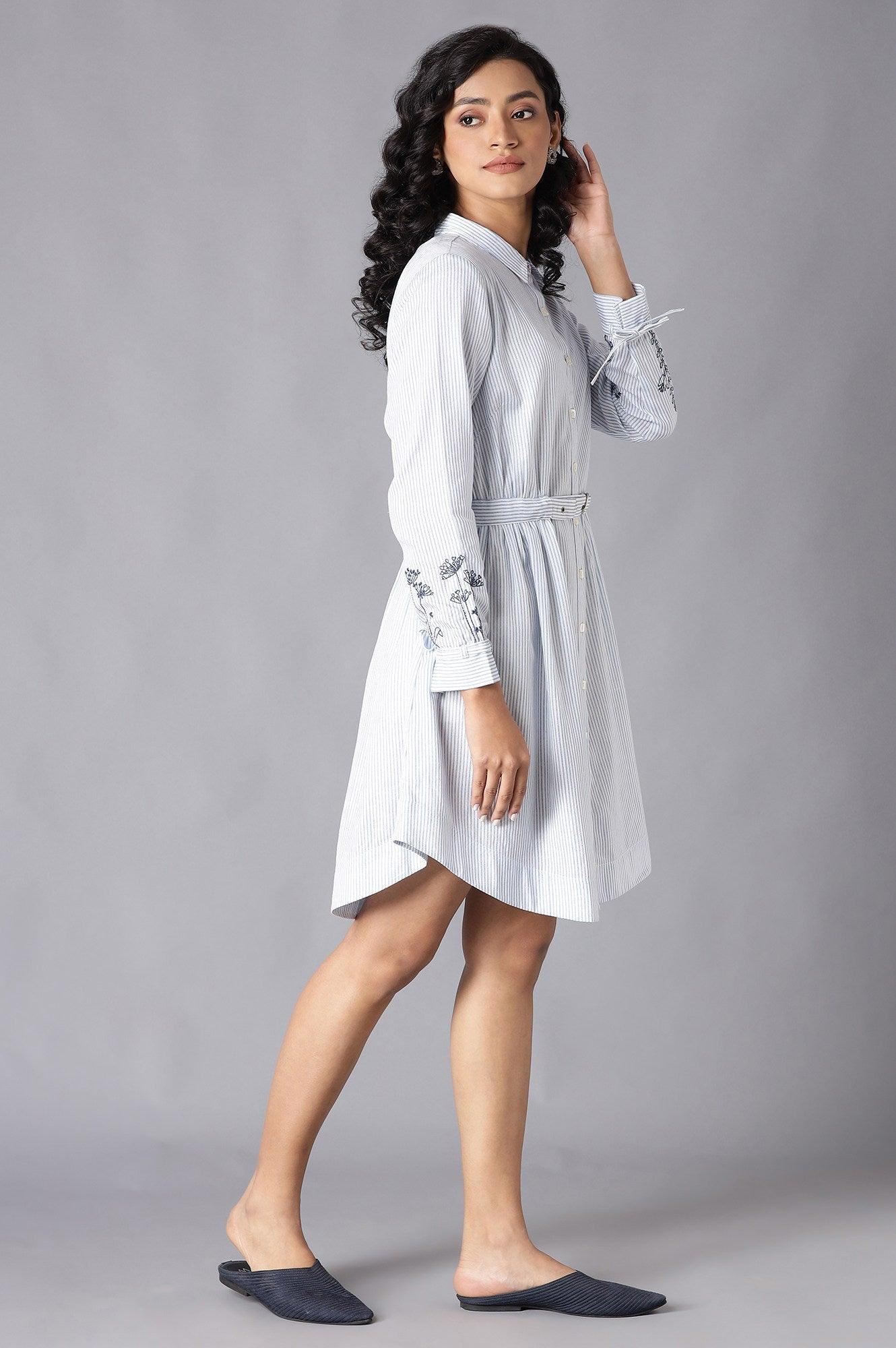 Ecru Stripe Printed Tunic With Belt And Embroidered Sleeves - wforwoman