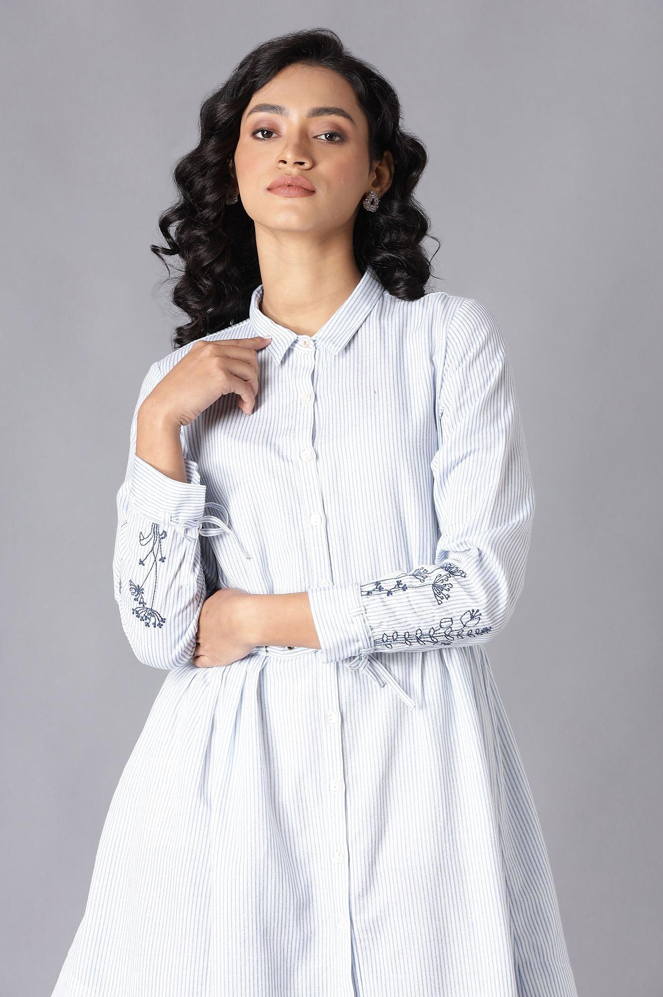 Ecru Stripe Printed Tunic With Belt And Embroidered Sleeves - wforwoman