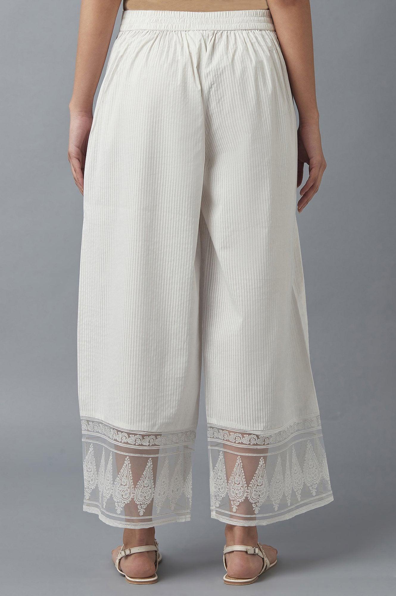 Ecru Parallel Pants with Floral Motifs - wforwoman