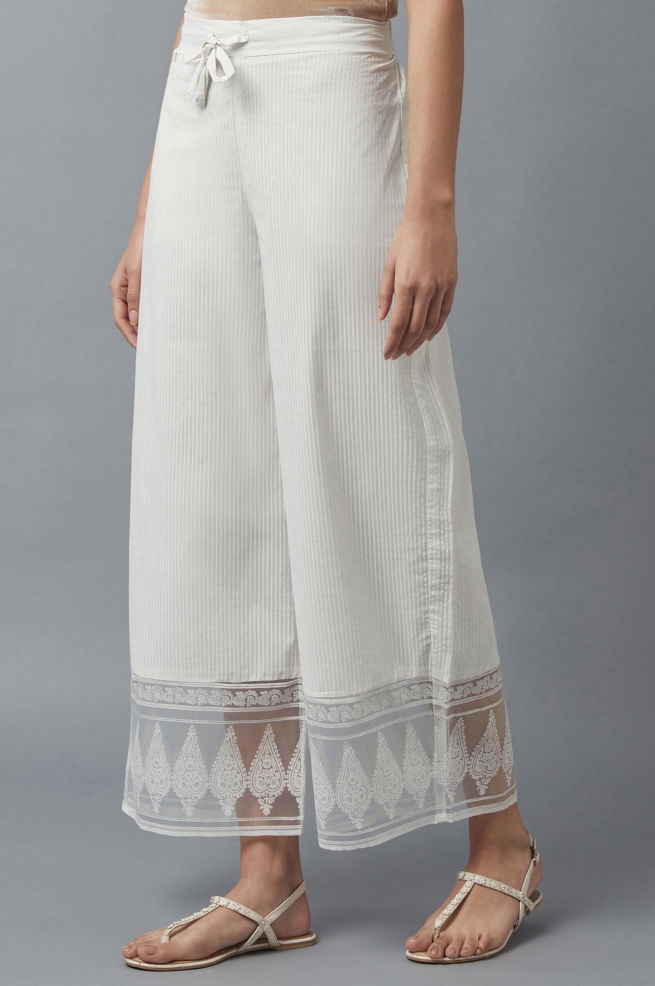 Ecru Parallel Pants with Floral Motifs - wforwoman