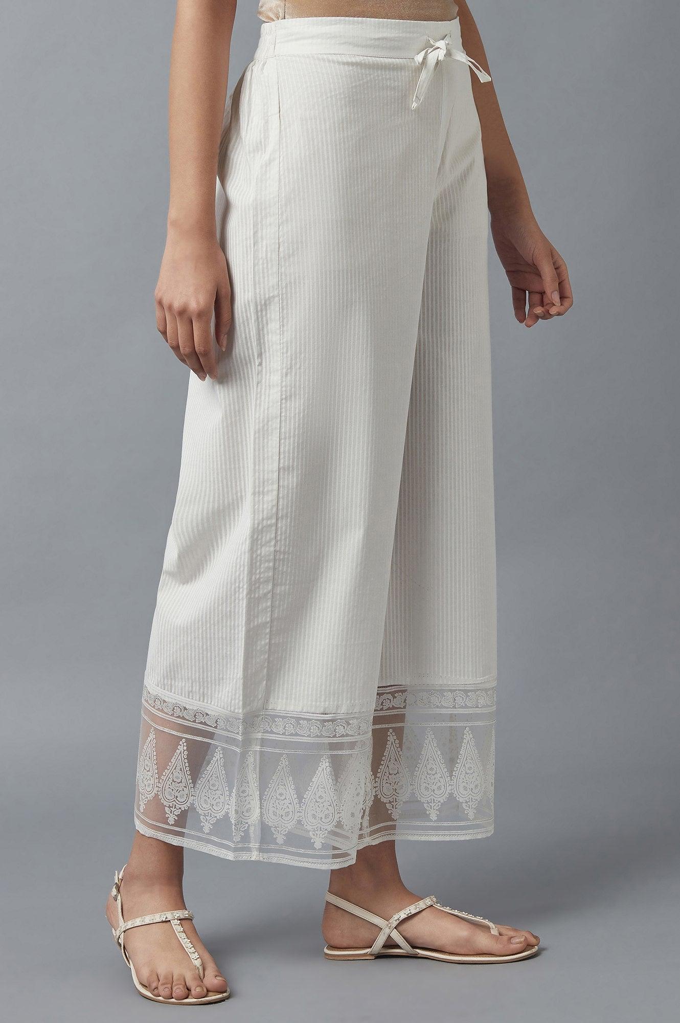 Ecru Parallel Pants with Floral Motifs - wforwoman