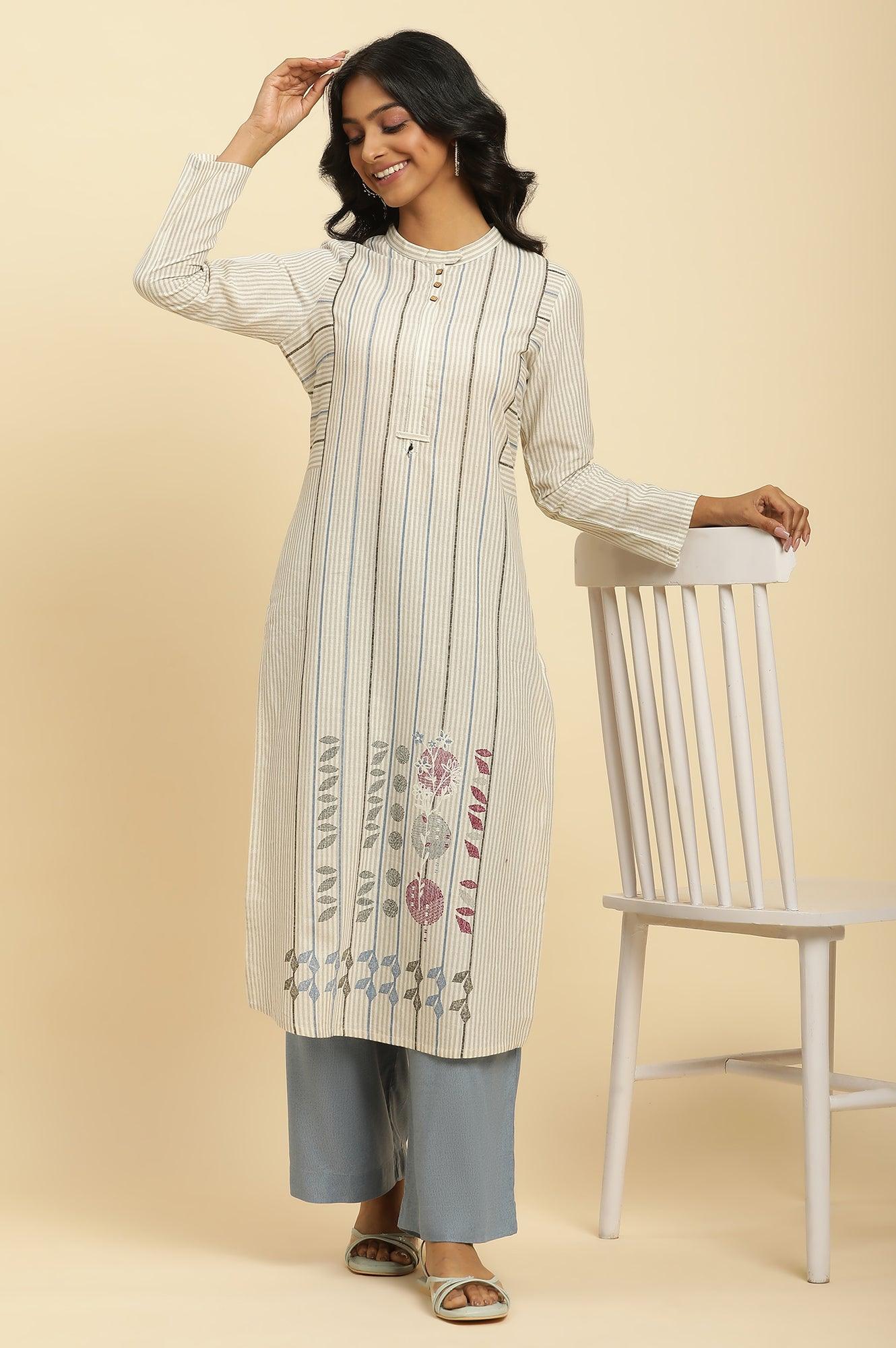 Ecru Printed Kurta With Blue Denim Parallel Pants - wforwoman