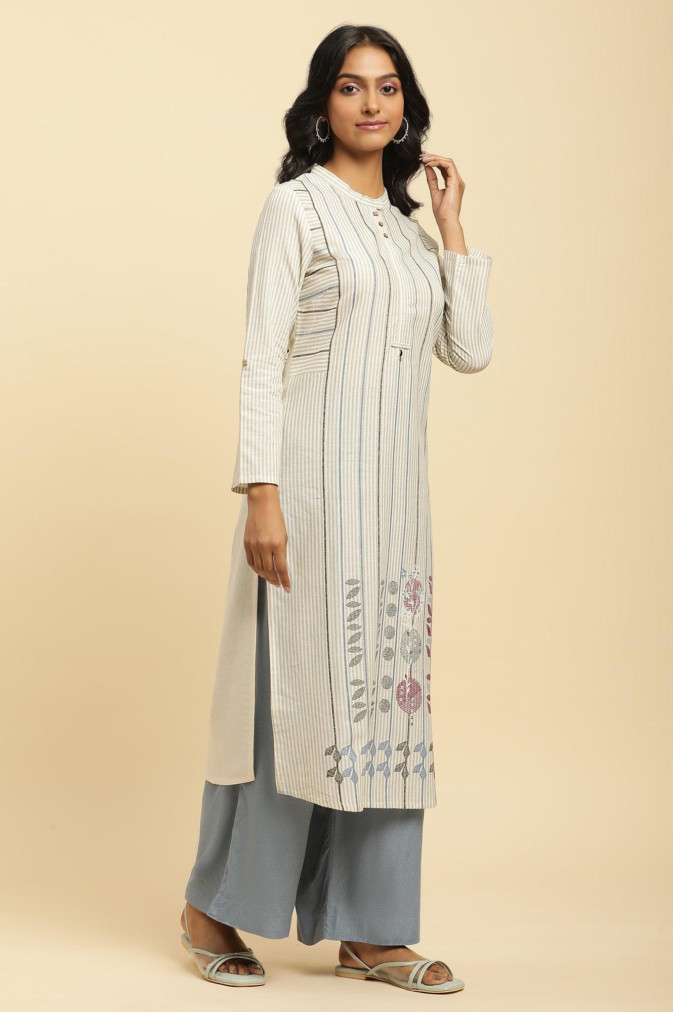Ecru Printed Kurta With Blue Denim Parallel Pants - wforwoman