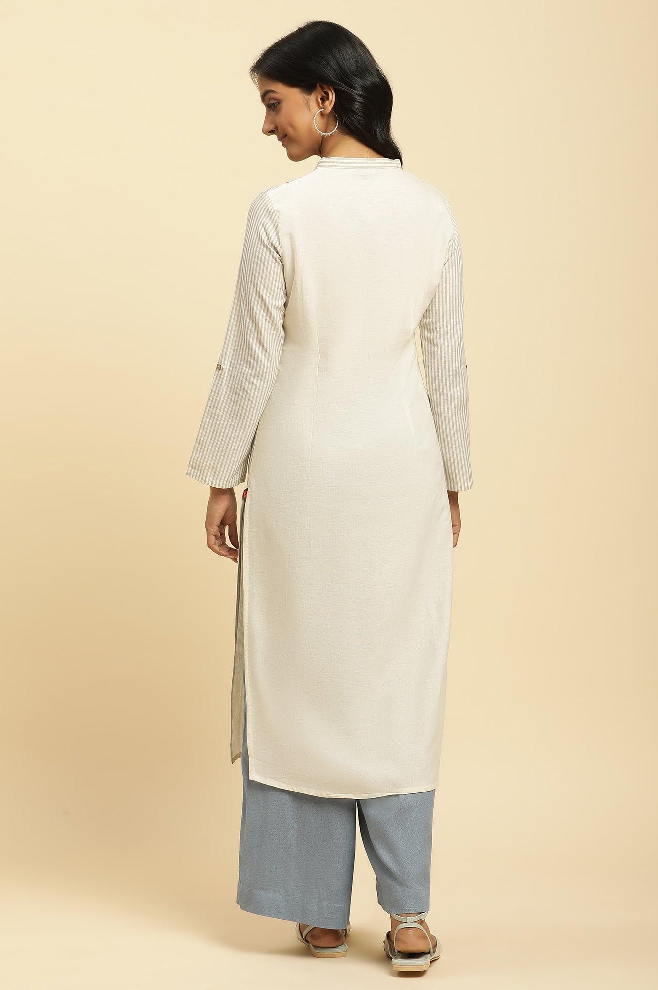 Ecru Printed Kurta With Blue Denim Parallel Pants - wforwoman