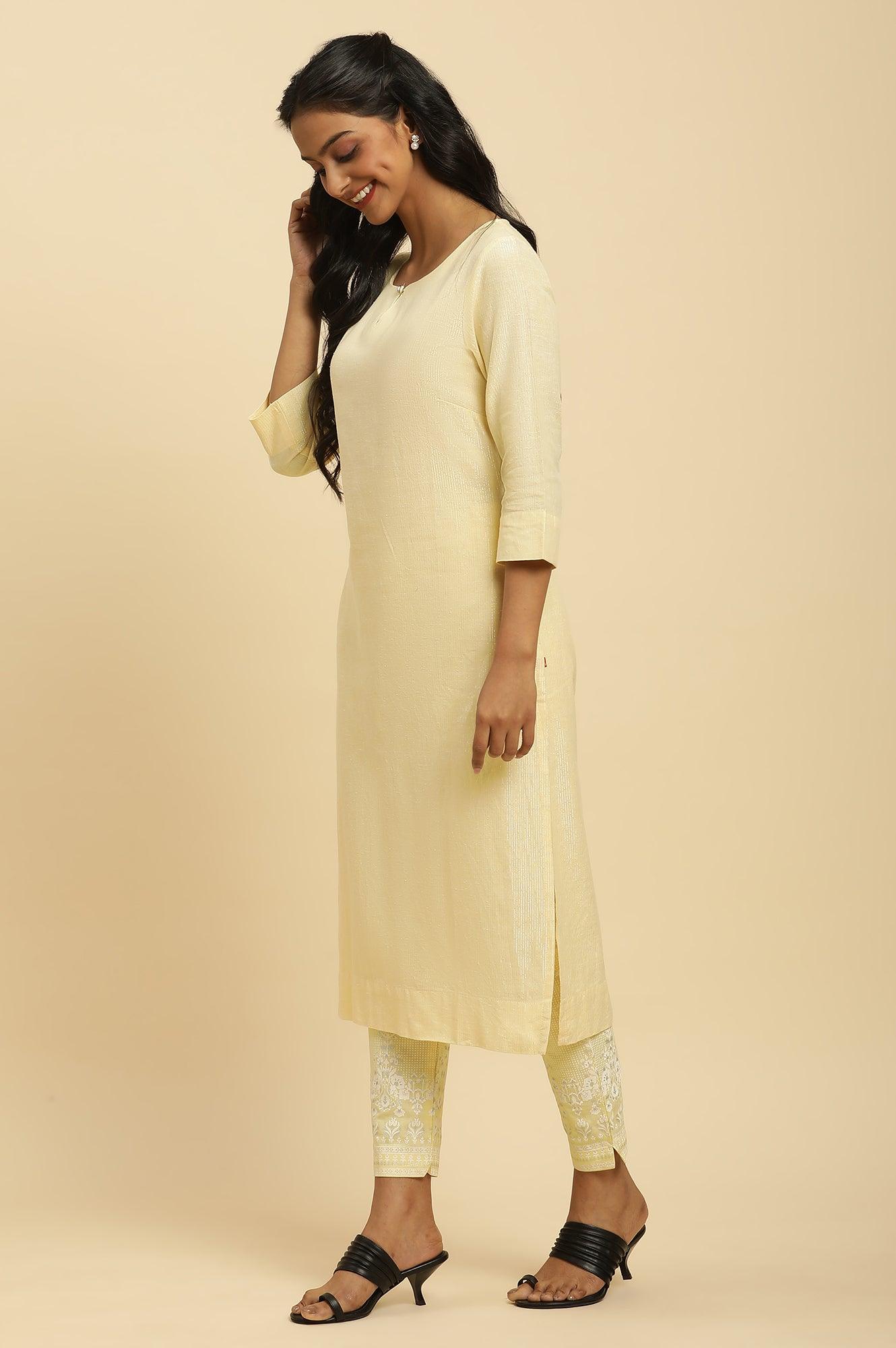 Yellow Round Neck Kurta And Slim Pants Set - wforwoman