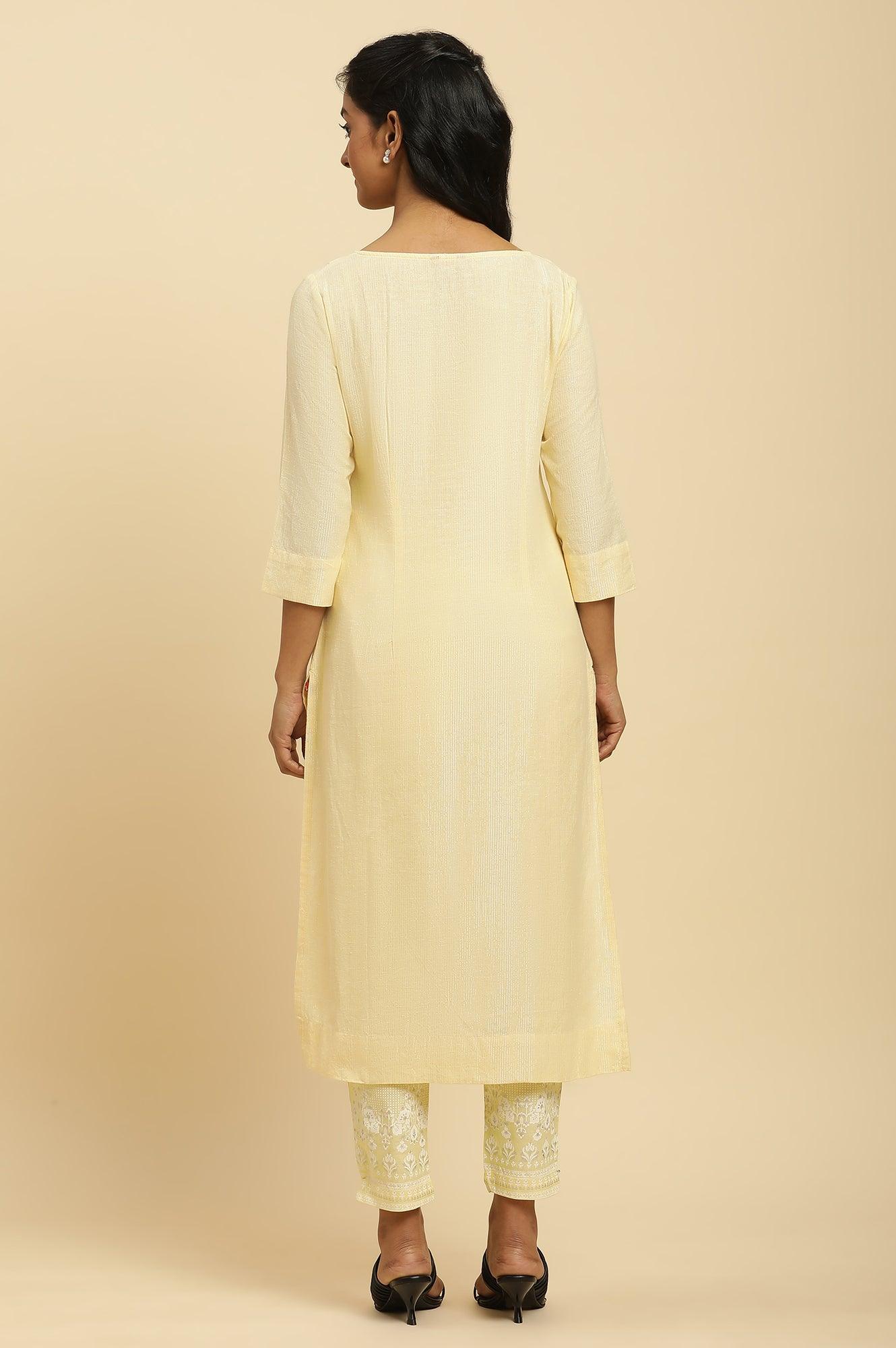 Yellow Round Neck Kurta And Slim Pants Set - wforwoman