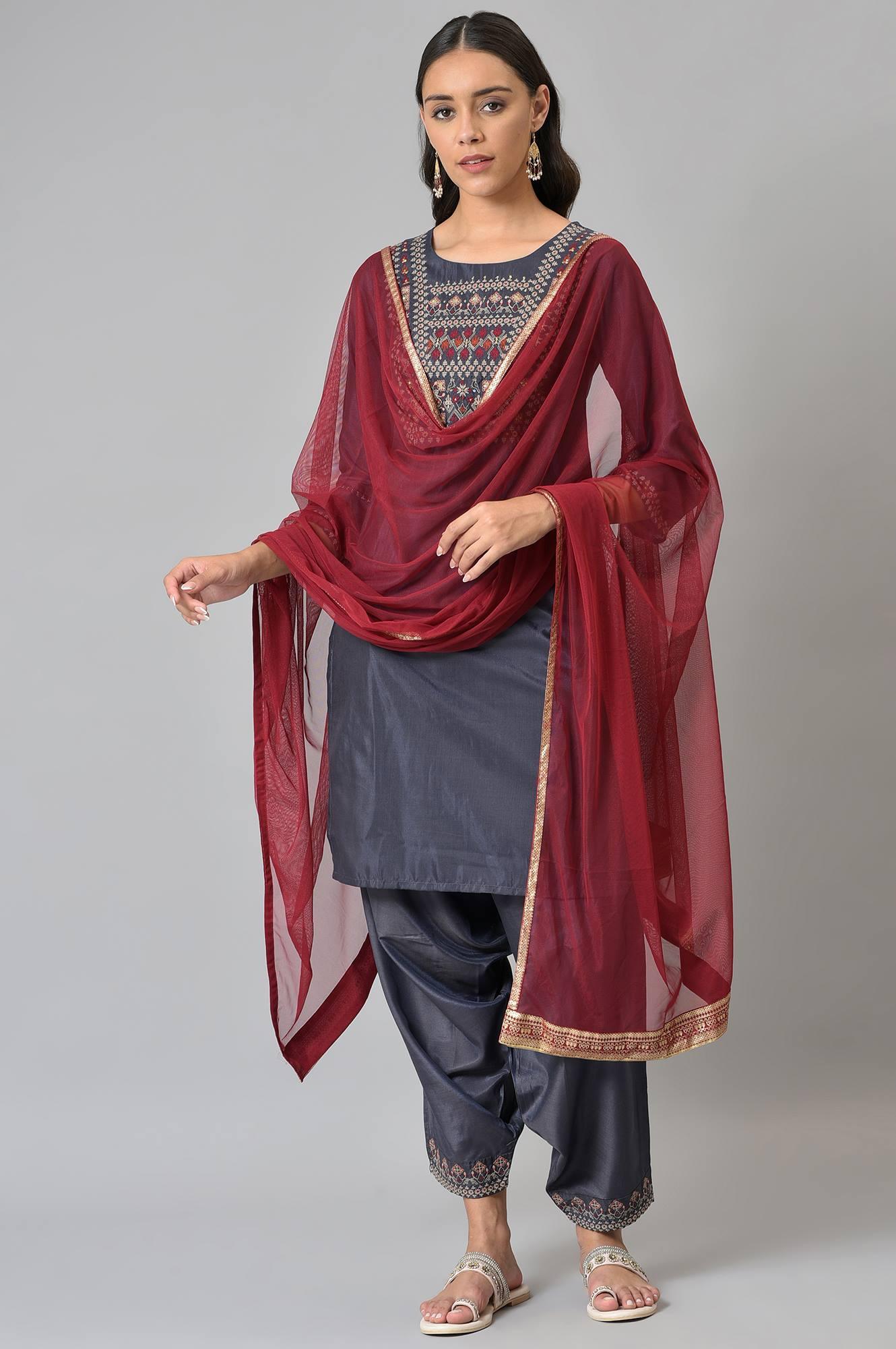 Grey Embroidered kurta, Draped Pants And Dupatta Set - wforwoman