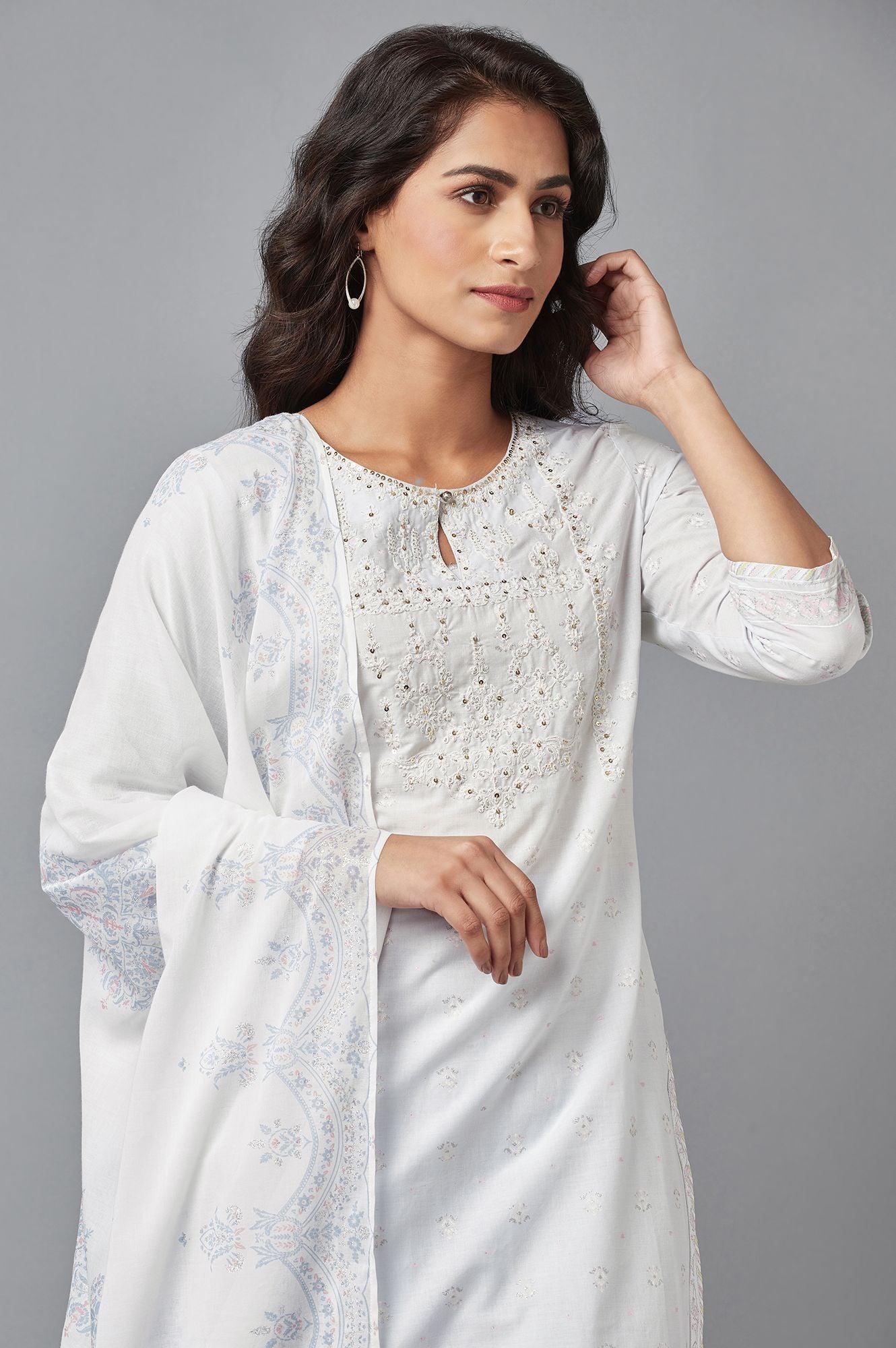 Light Blue Embroidered kurta with Salwar and Dupatta - wforwoman