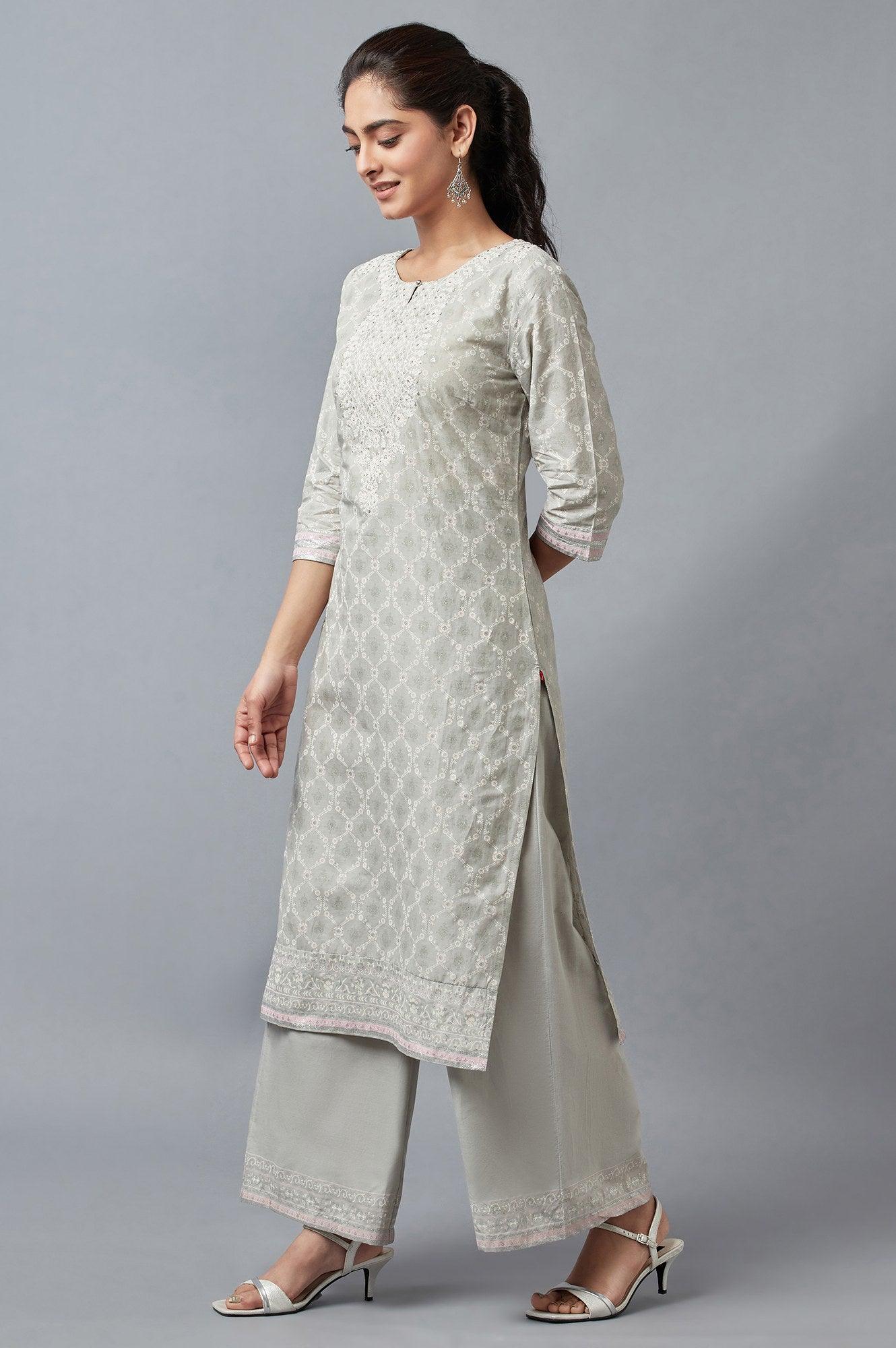 Light Green Printed kurta with Parallel Pants - wforwoman