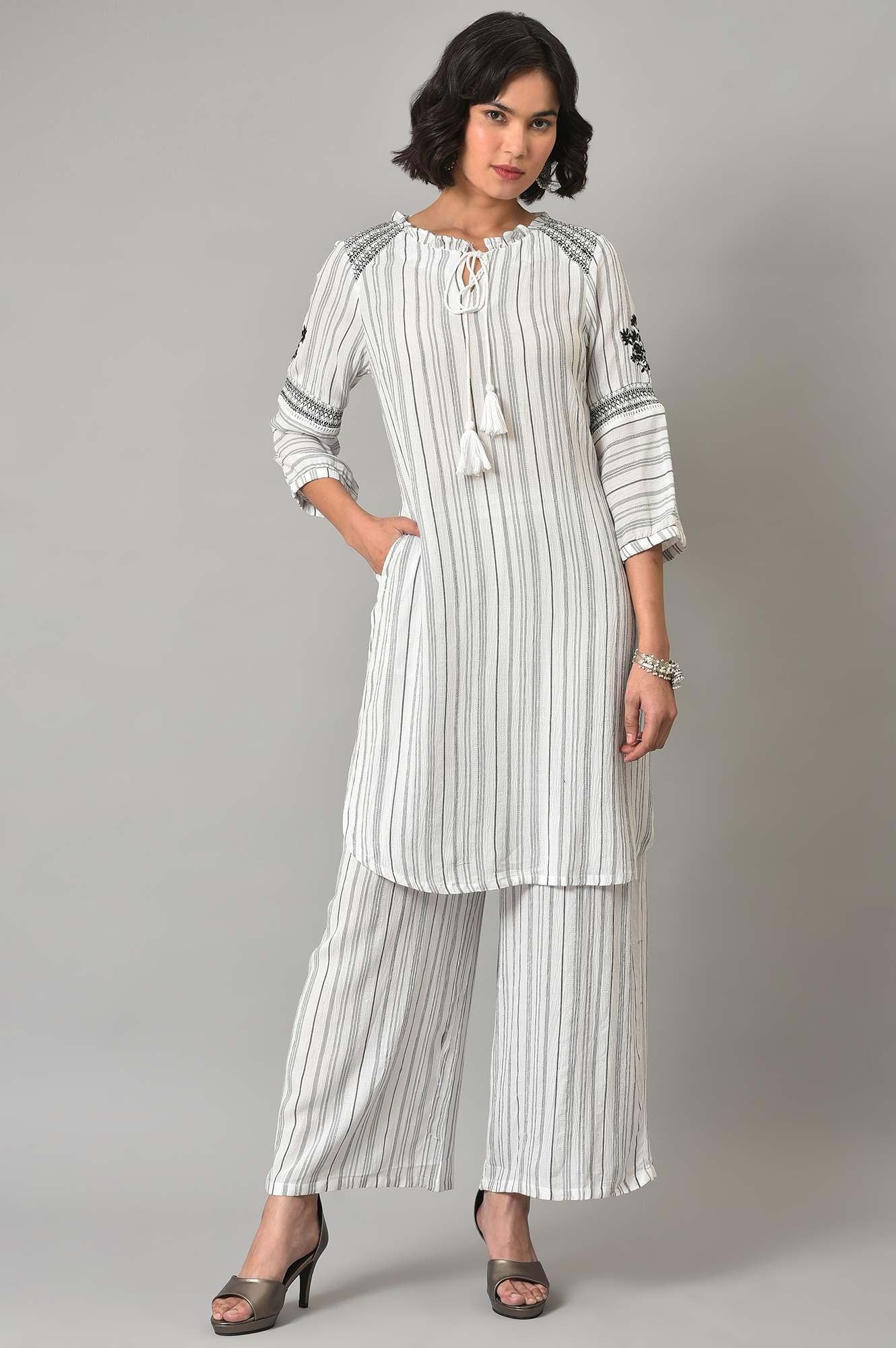Ecru And Black Striped kurta With Parallel Pants - wforwoman