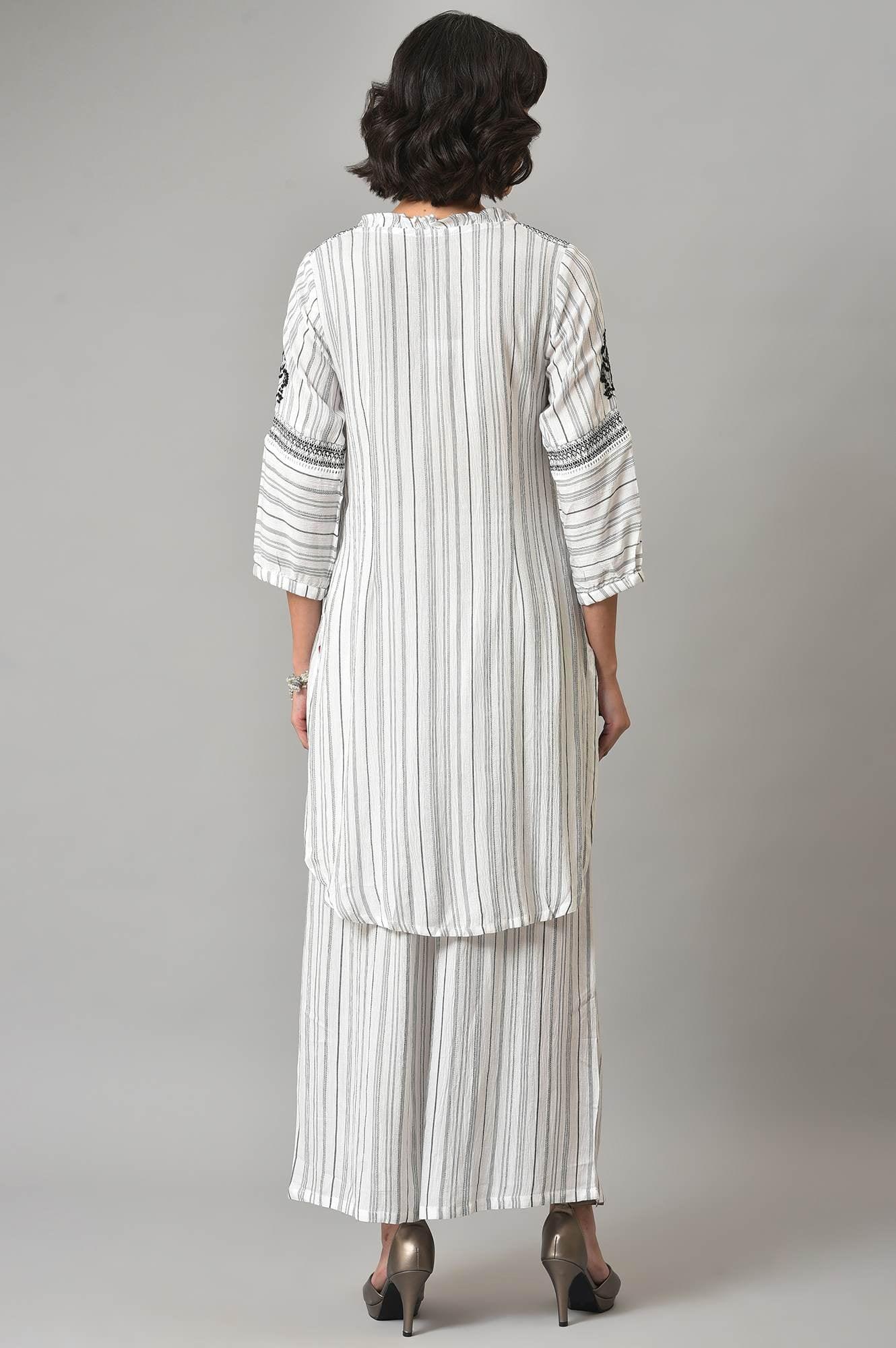 Ecru And Black Striped kurta With Parallel Pants - wforwoman