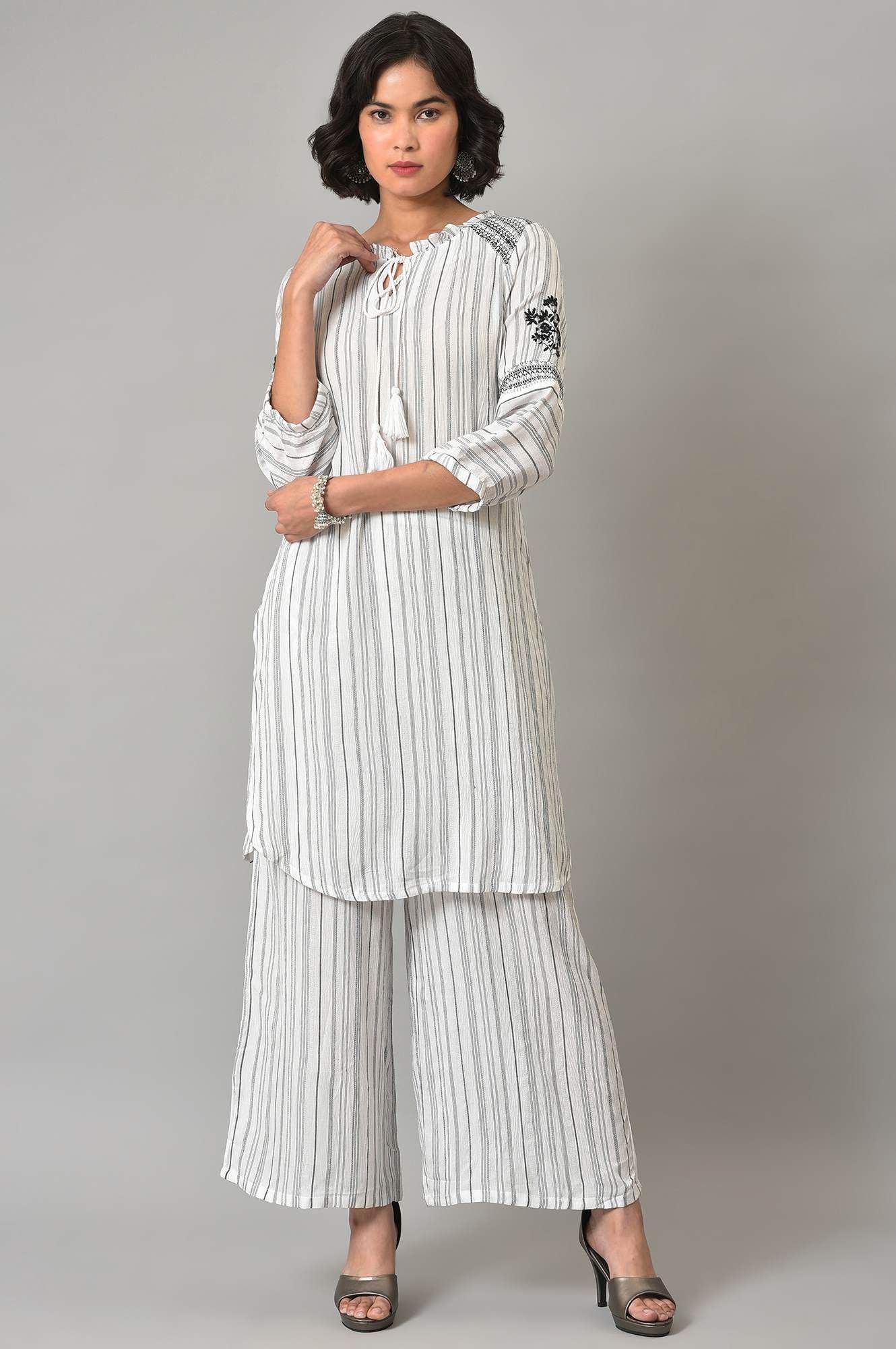 Ecru And Black Striped kurta With Parallel Pants - wforwoman