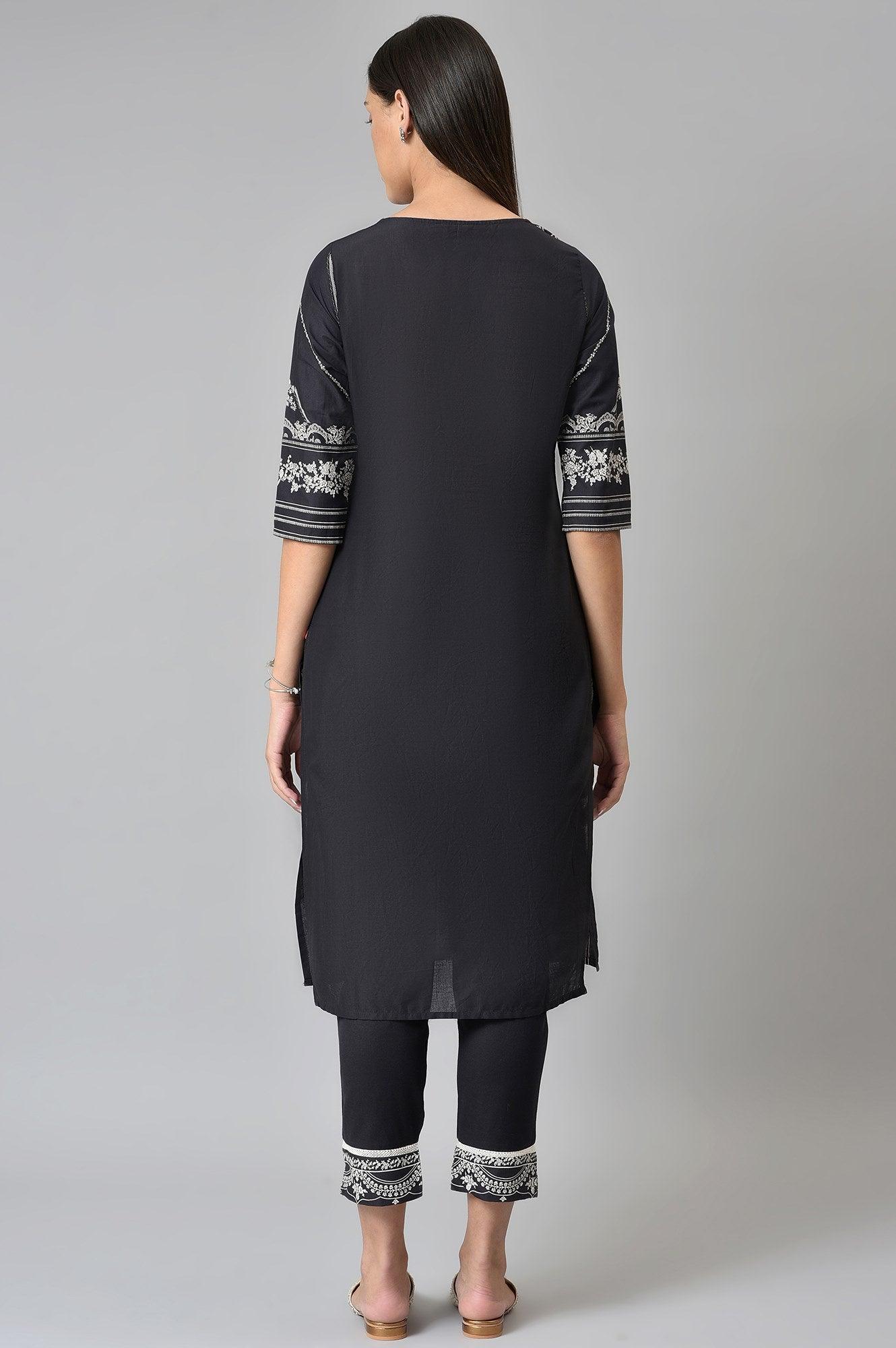 Black Floral Printed kurta With Parallel Pants - wforwoman