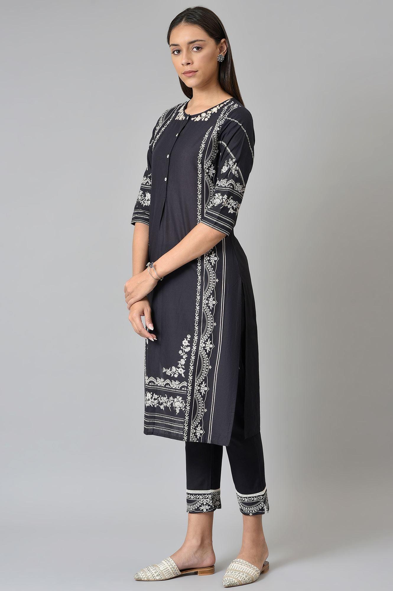 Black Floral Printed kurta With Parallel Pants - wforwoman