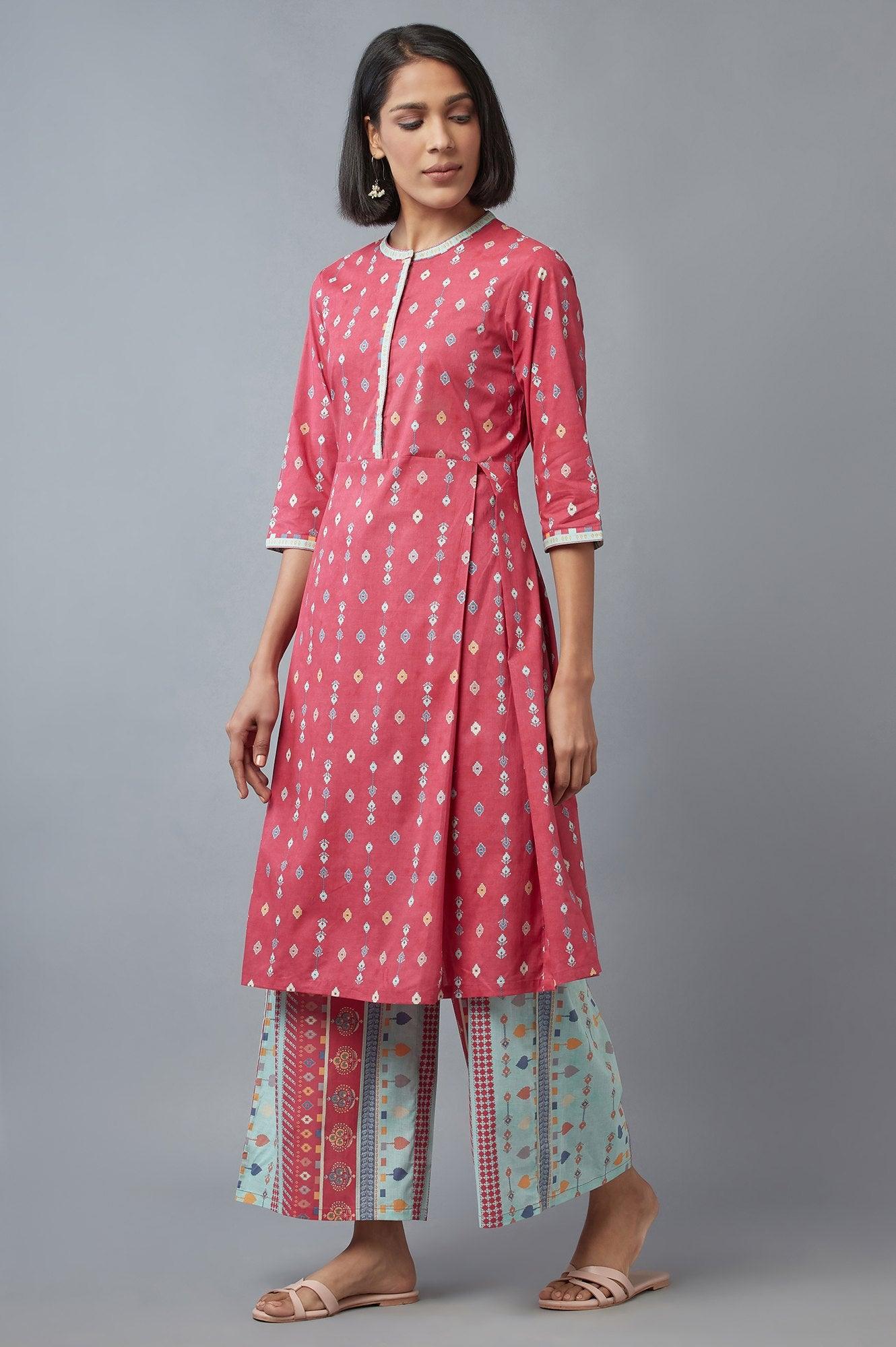 Pink Printed kurta with Parallel Pants - wforwoman
