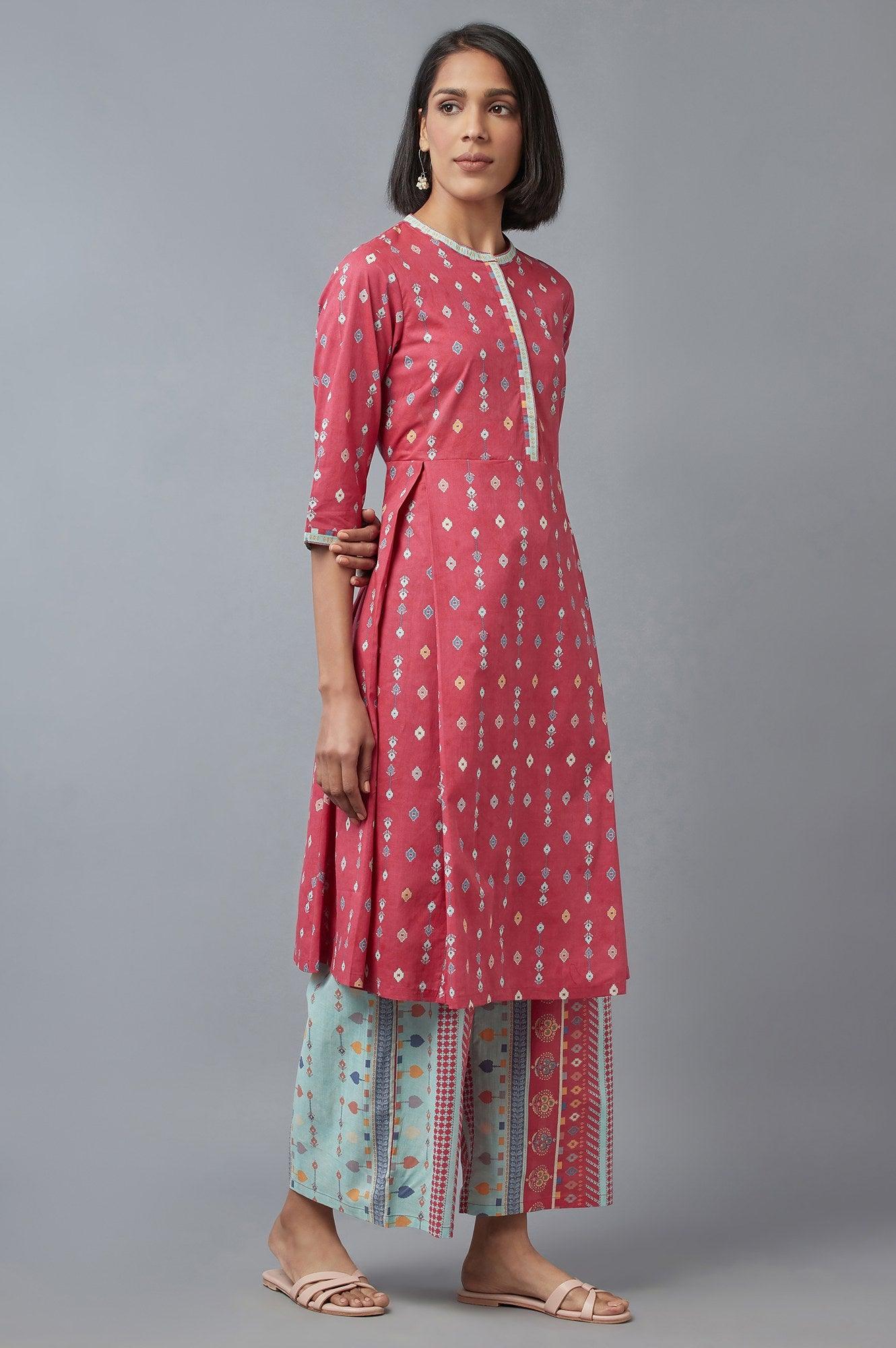 Pink Printed kurta with Parallel Pants - wforwoman