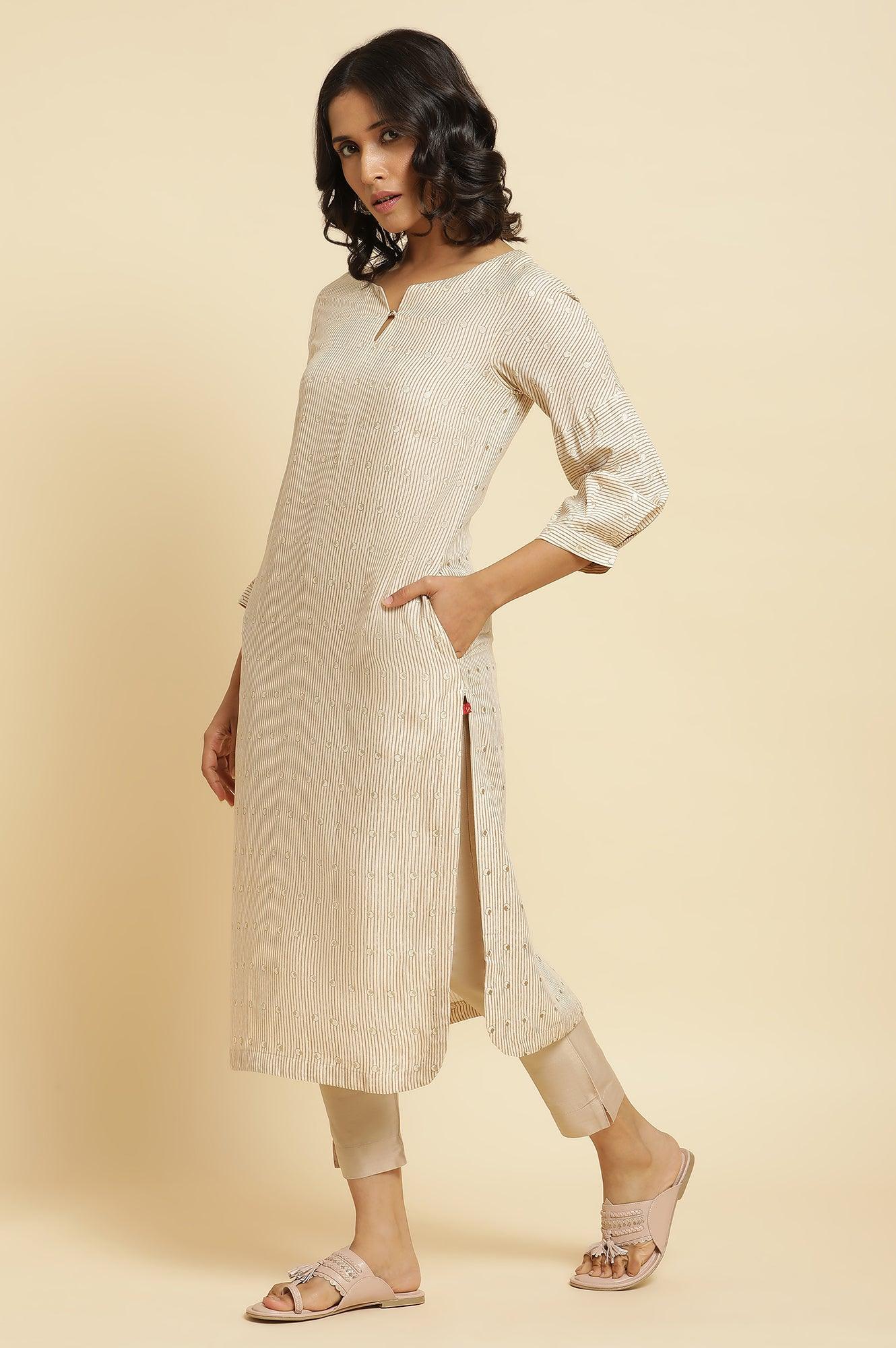 Beige Stripe Printed Kurta & Pants Set - wforwoman