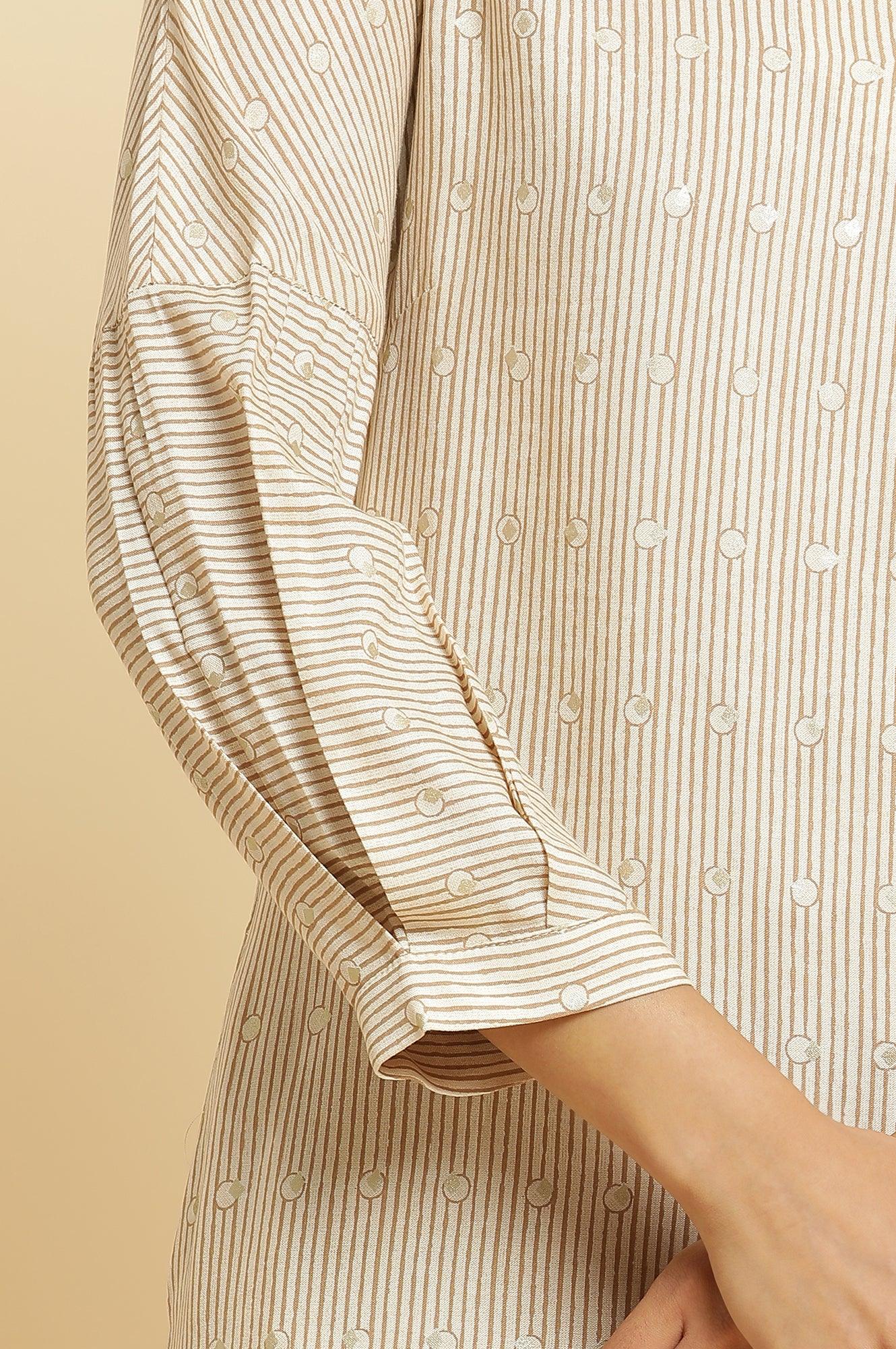 Beige Stripe Printed Kurta & Pants Set - wforwoman