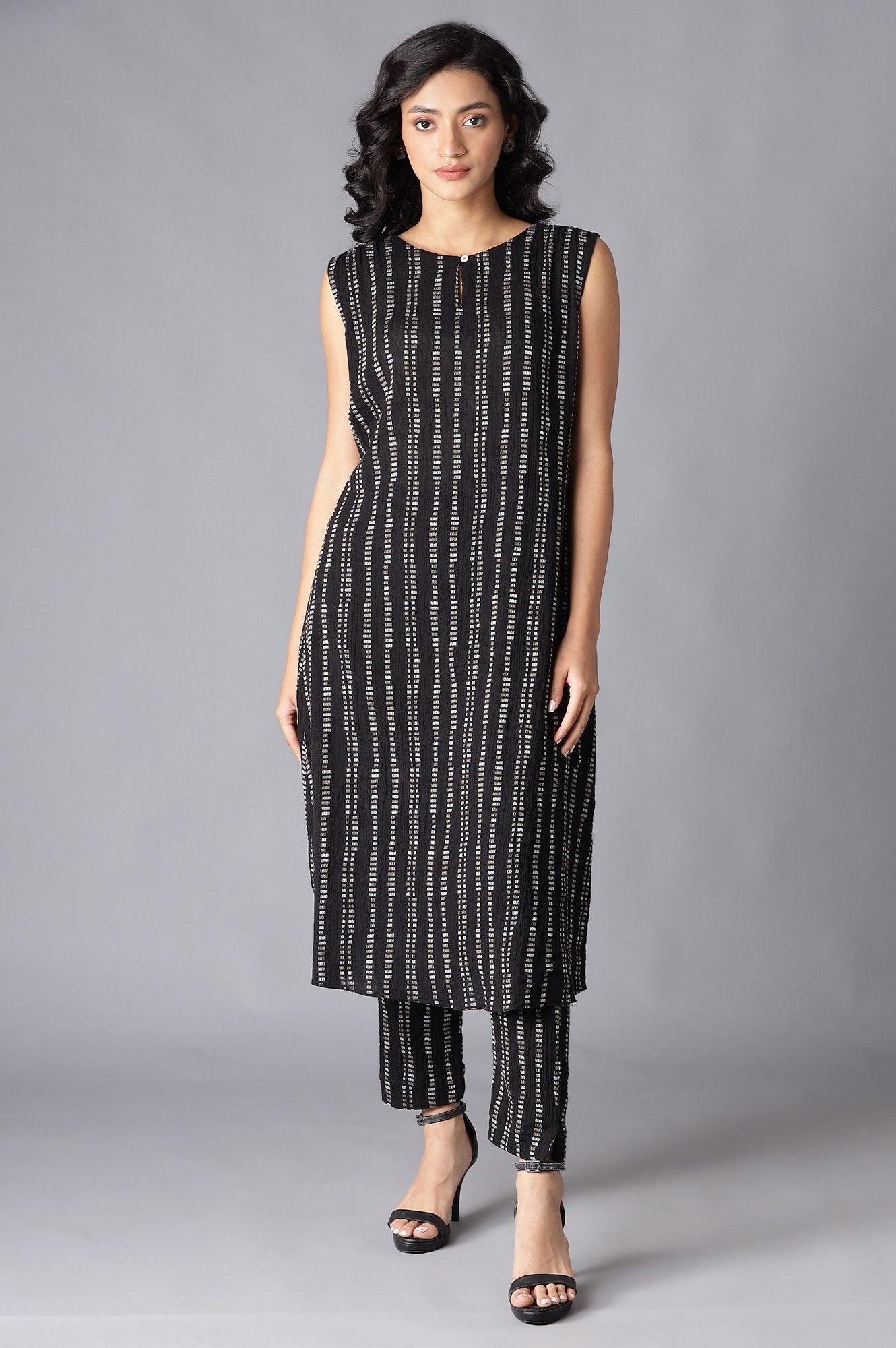 Black Cotton Sleeveless kurta With Slim Pants - wforwoman