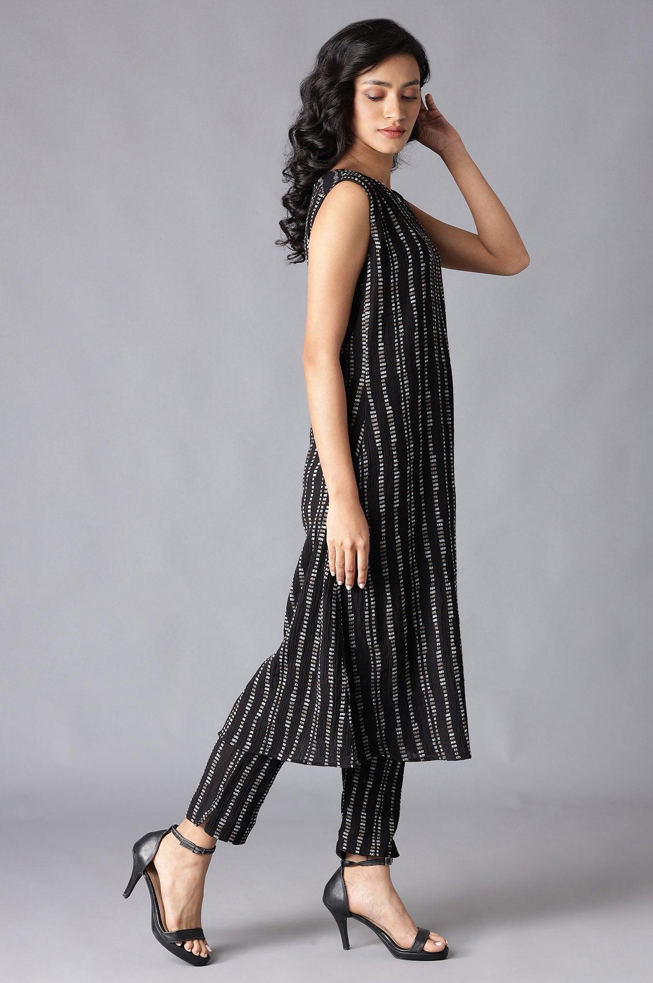 Black Cotton Sleeveless kurta With Slim Pants - wforwoman