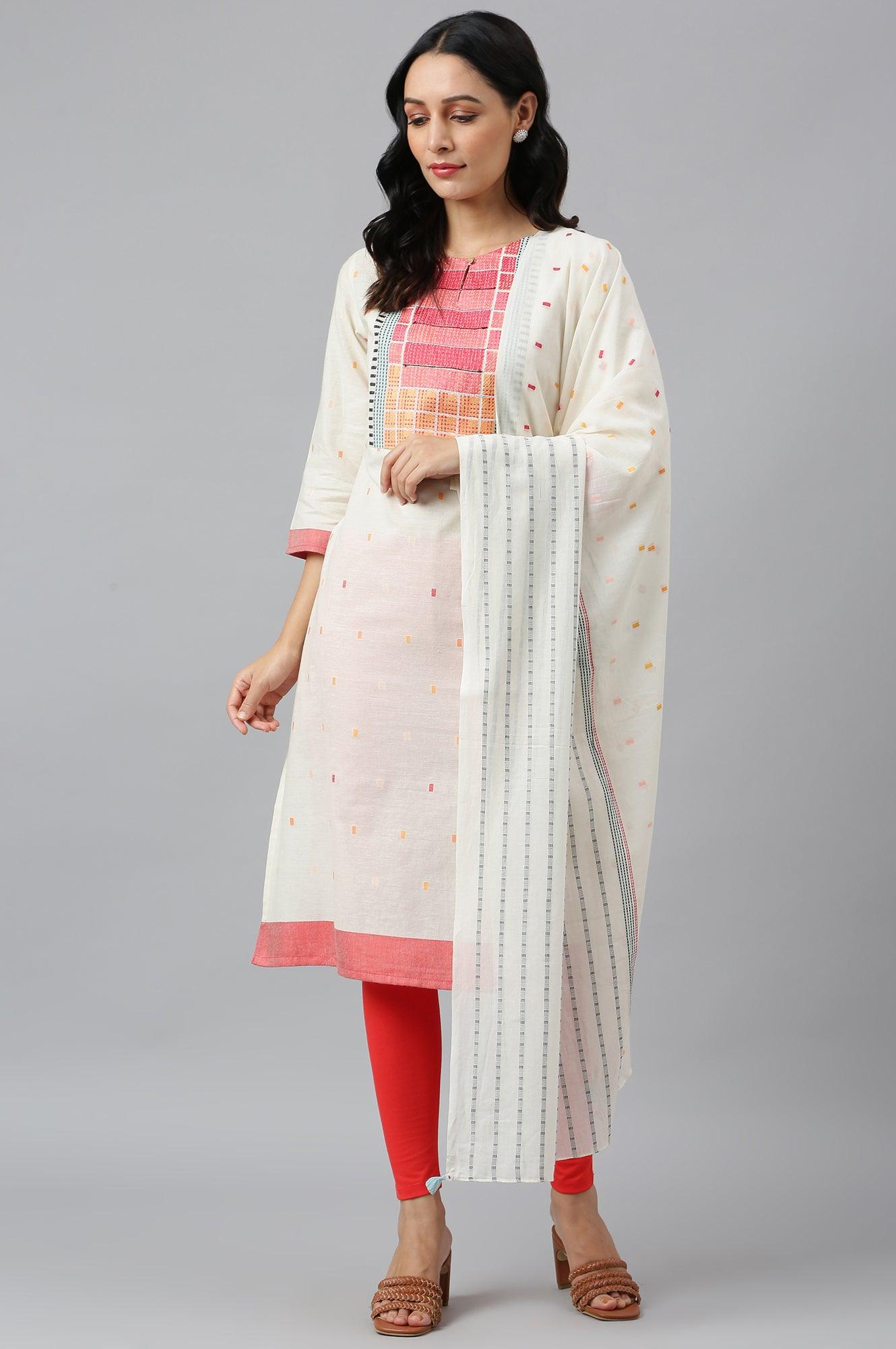 Ecru Dobby kurta, Red Tights And Butta Dobby Dupatta Set - wforwoman
