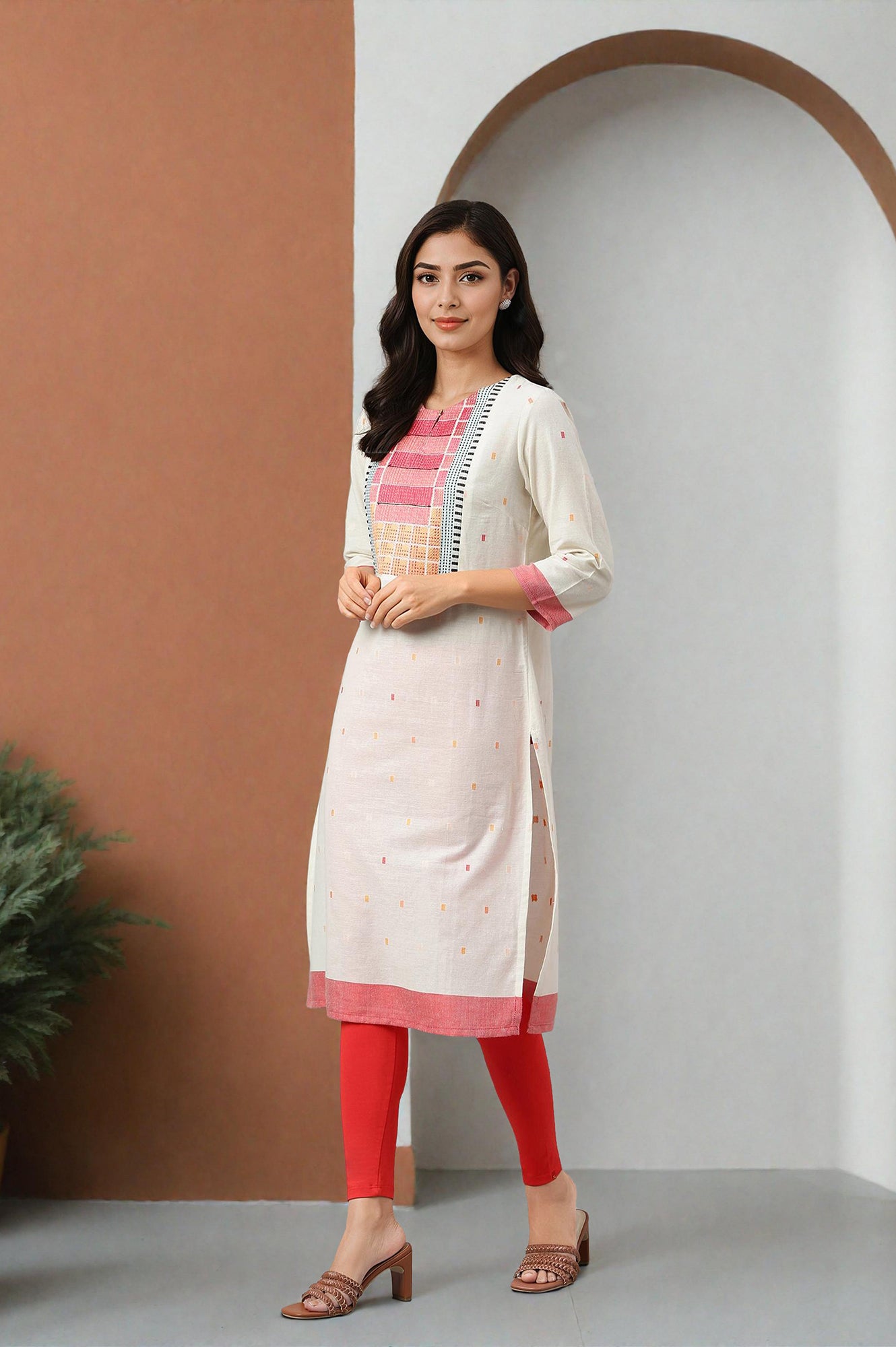 White Cotton Dobby Straight Kurta, Leggings and Butta Dobby Dupatta Set