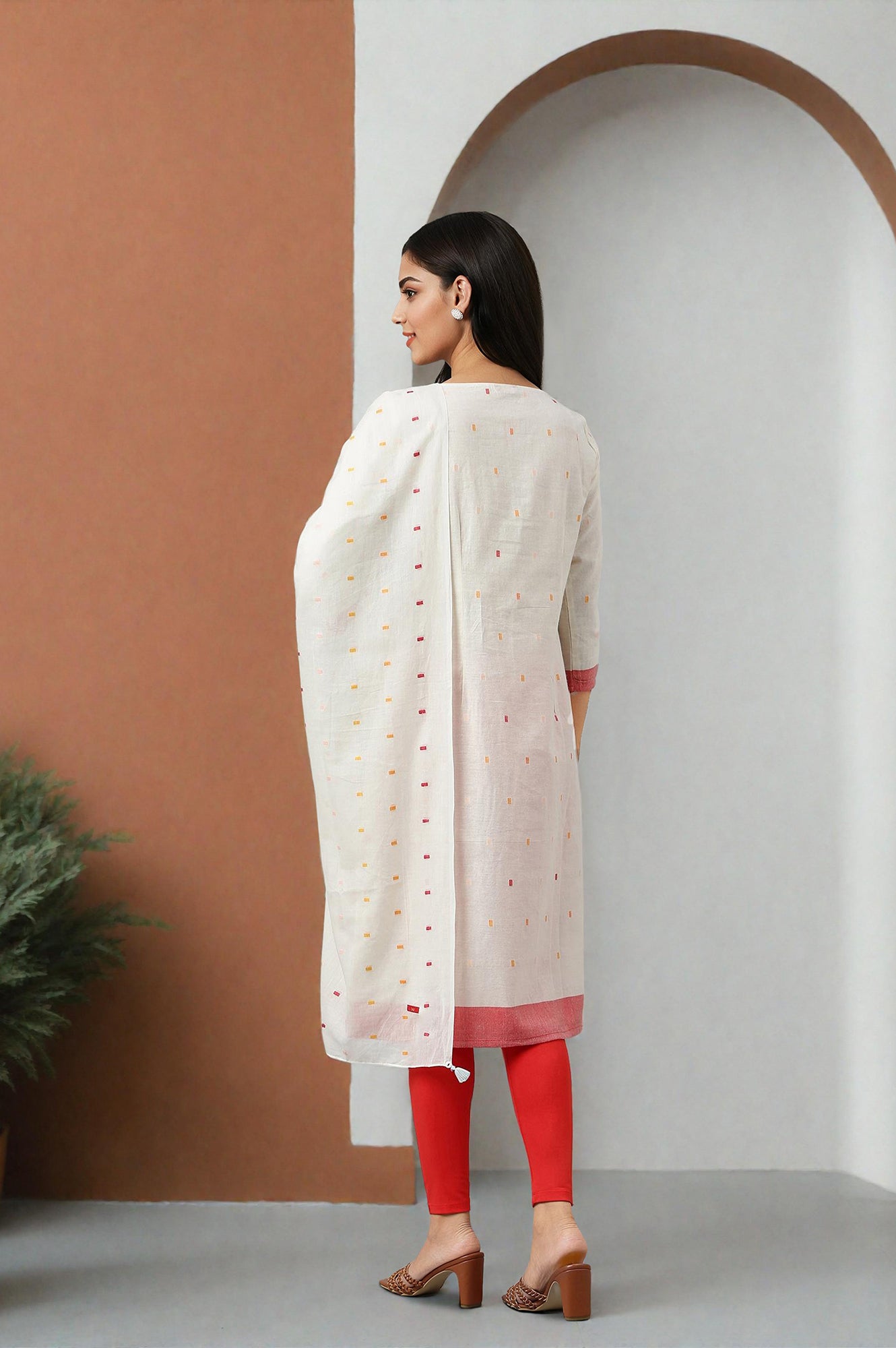 White Cotton Dobby Straight Kurta, Leggings and Butta Dobby Dupatta Set