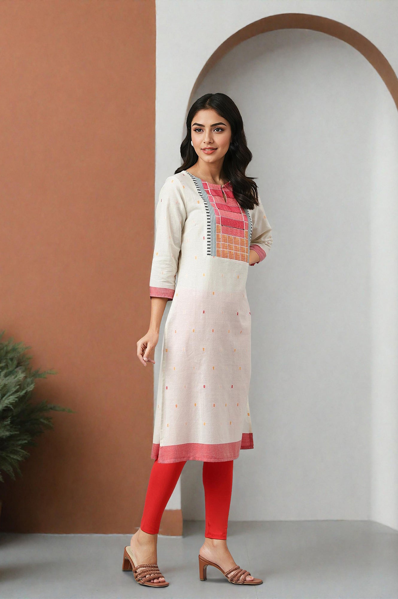 White Cotton Dobby Straight Kurta, Leggings and Butta Dobby Dupatta Set