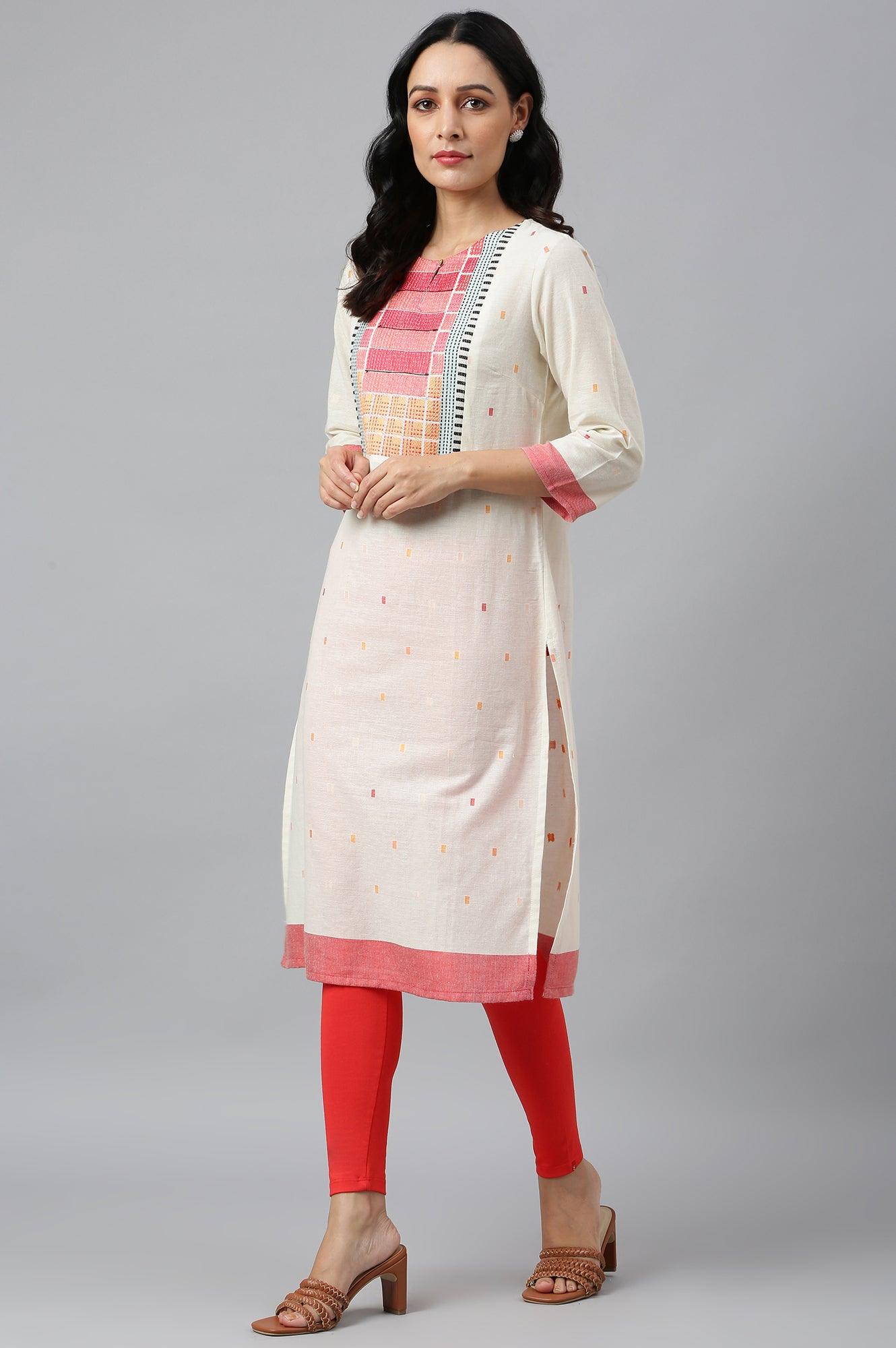 Ecru Dobby kurta, Red Tights And Butta Dobby Dupatta Set - wforwoman