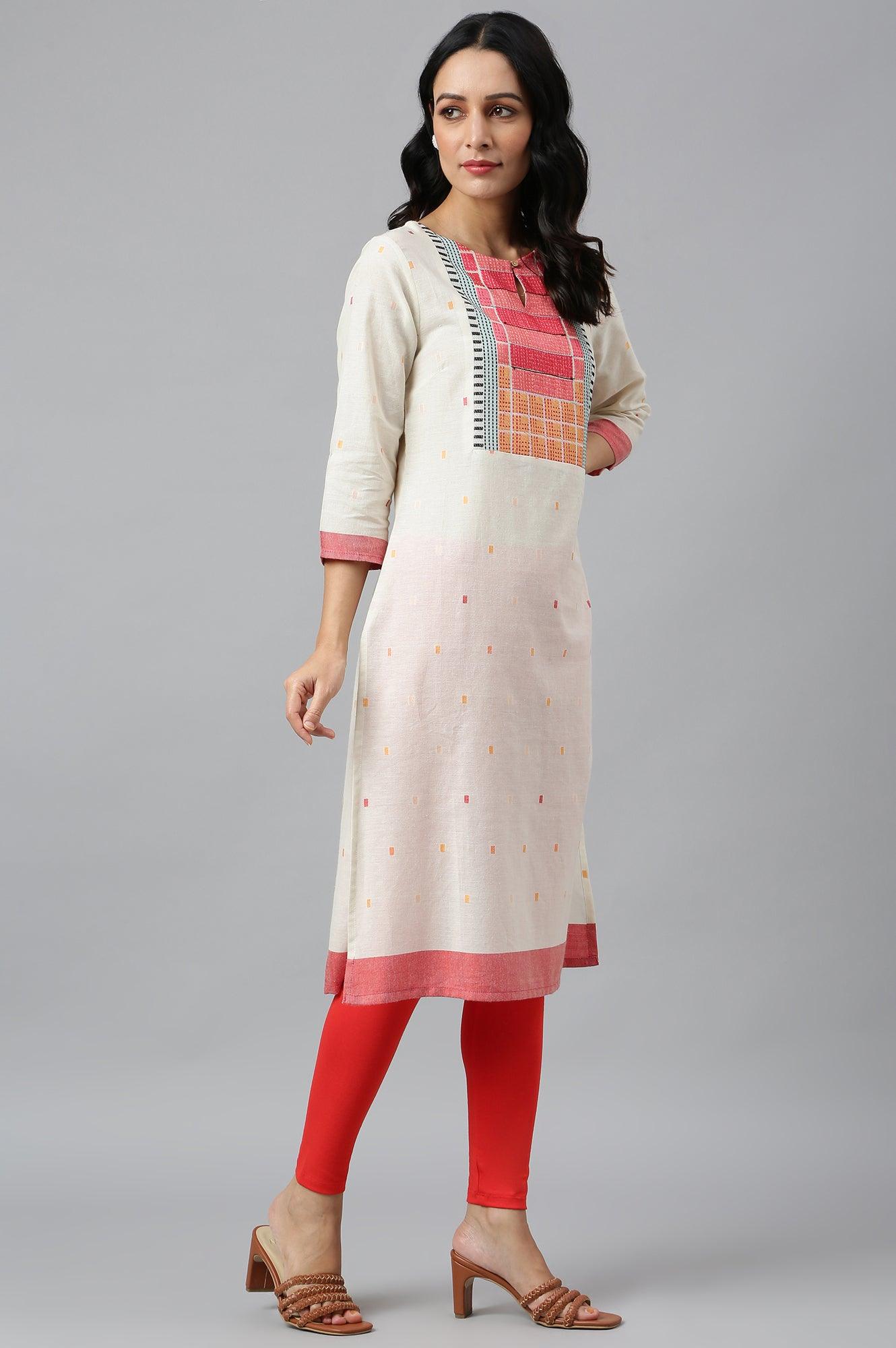Ecru Dobby kurta, Red Tights And Butta Dobby Dupatta Set - wforwoman