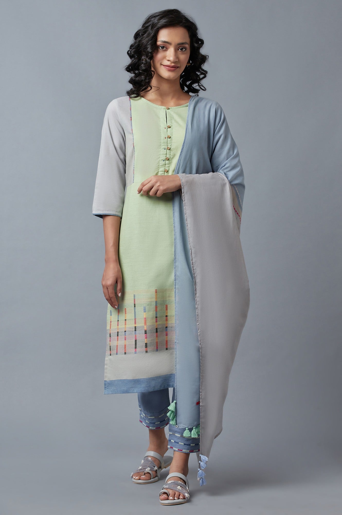 Light Green Cotton Dobby kurta With Blue Slim Pants And Dupatta
