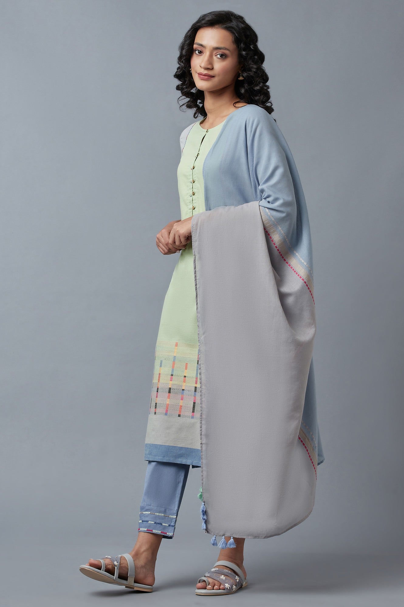 Light Green Cotton Dobby kurta With Blue Slim Pants And Dupatta