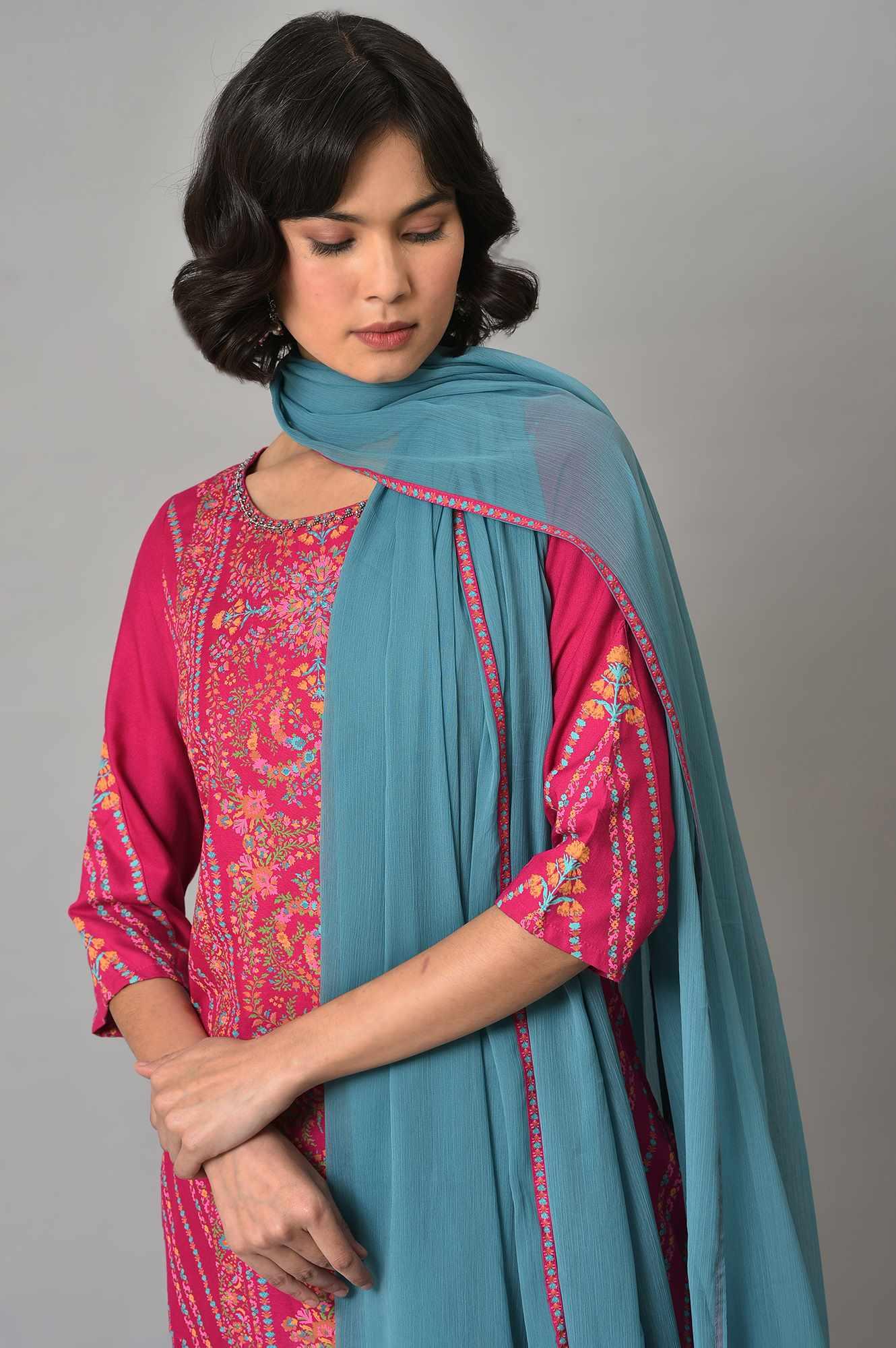 Dark Pink Floral kurta In Boat Neck With Teal Blue Slim Pants And Dupatta - wforwoman