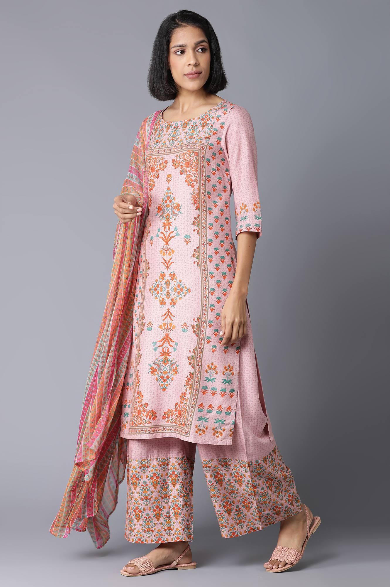 Light Pink Floral kurta in Round Neck with Parallel Pants and Dupatta - wforwoman