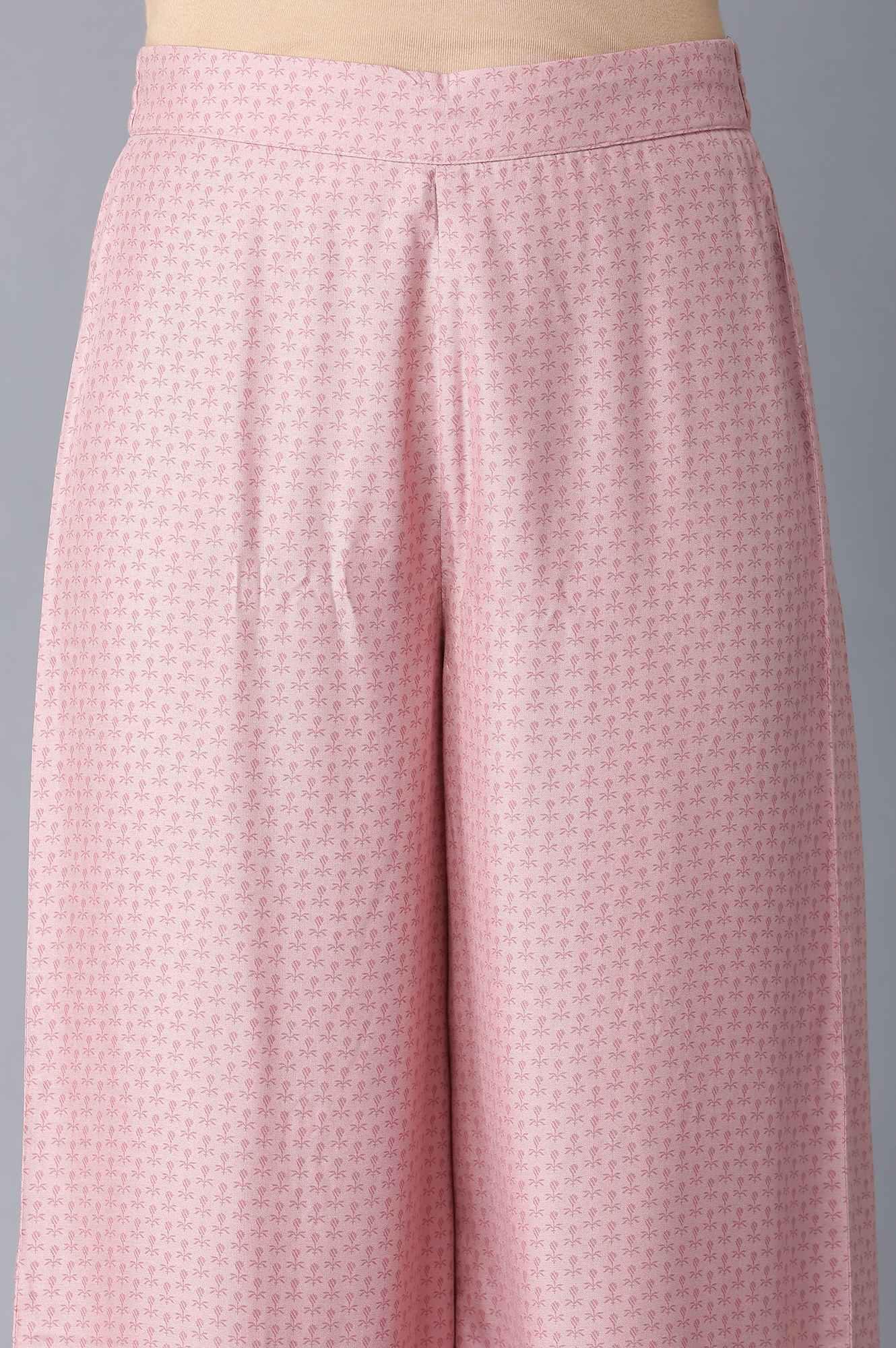 Light Pink Floral kurta in Round Neck with Parallel Pants and Dupatta - wforwoman