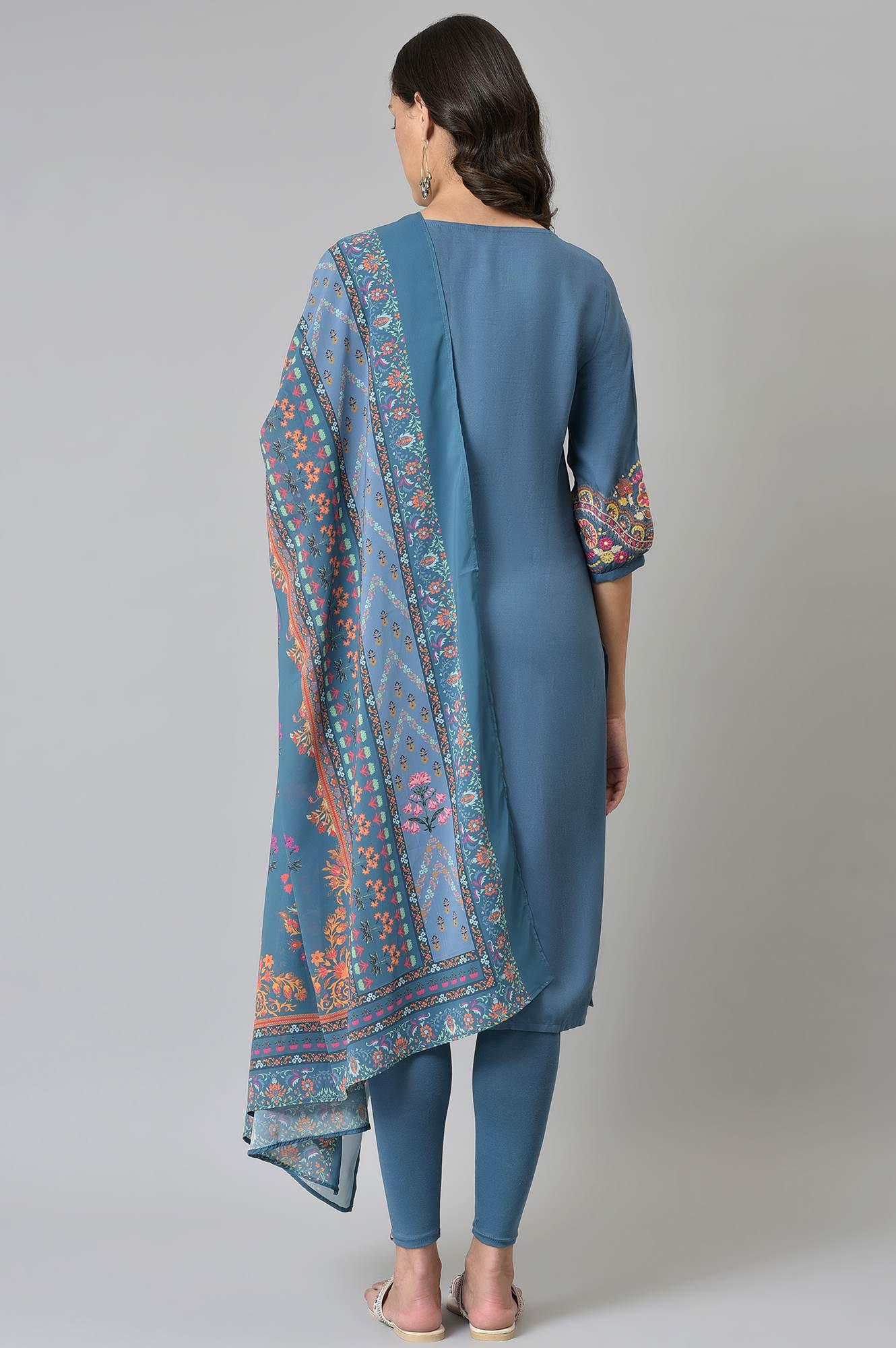Deep Teal Fusion Embroidered kurta With Knitted Tights And Printed Dupatta - wforwoman