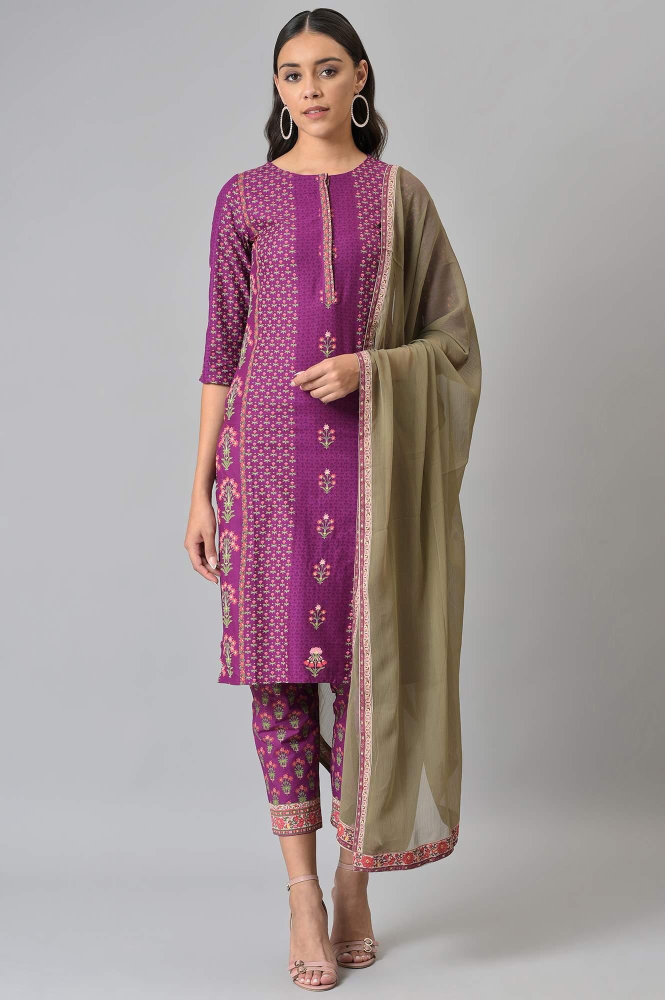 Dark Purple Round Neck kurta With Floral Straight Pants And Chiffon Dupatta - wforwoman