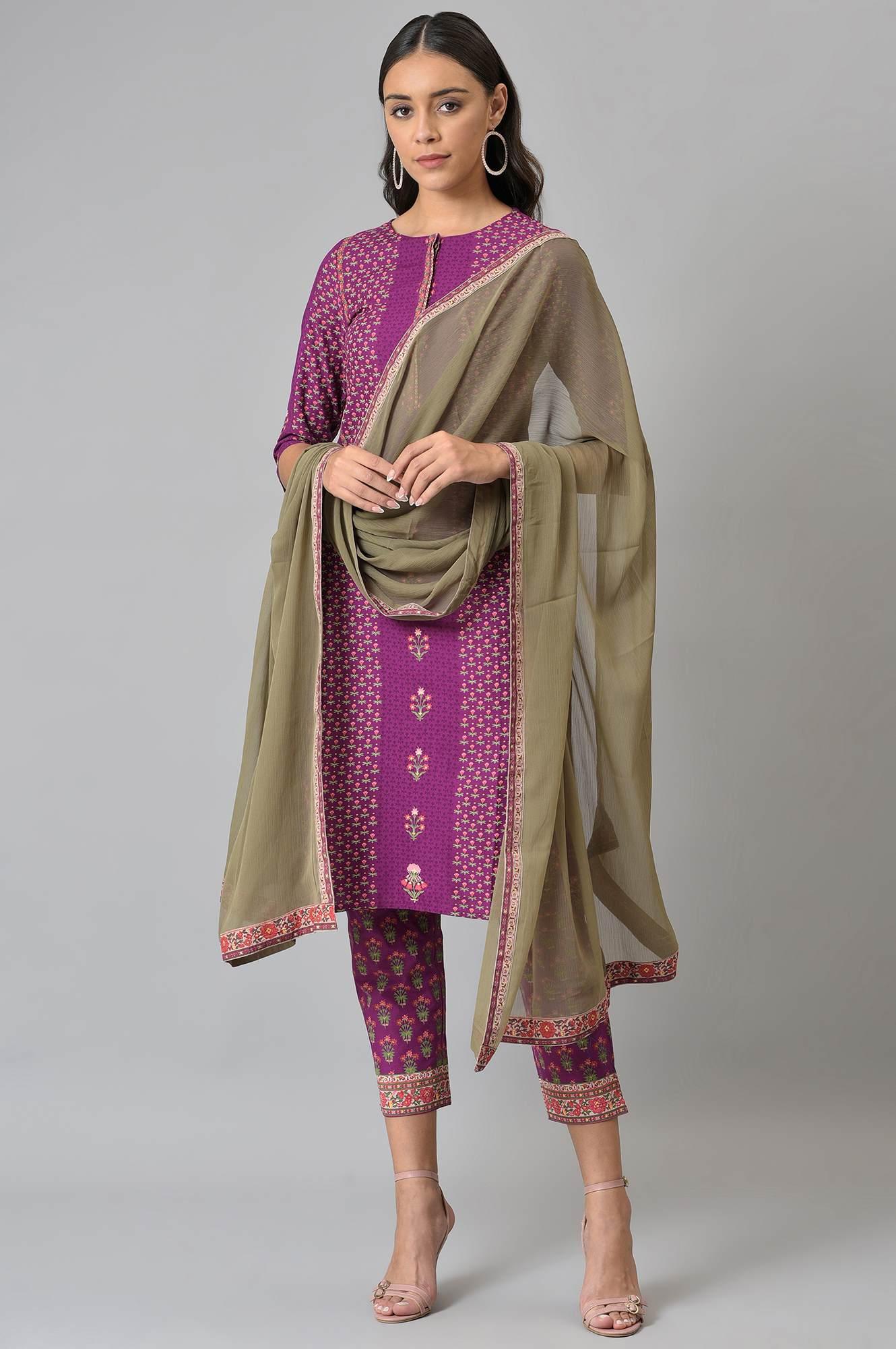 Dark Purple Round Neck kurta With Floral Straight Pants And Chiffon Dupatta - wforwoman